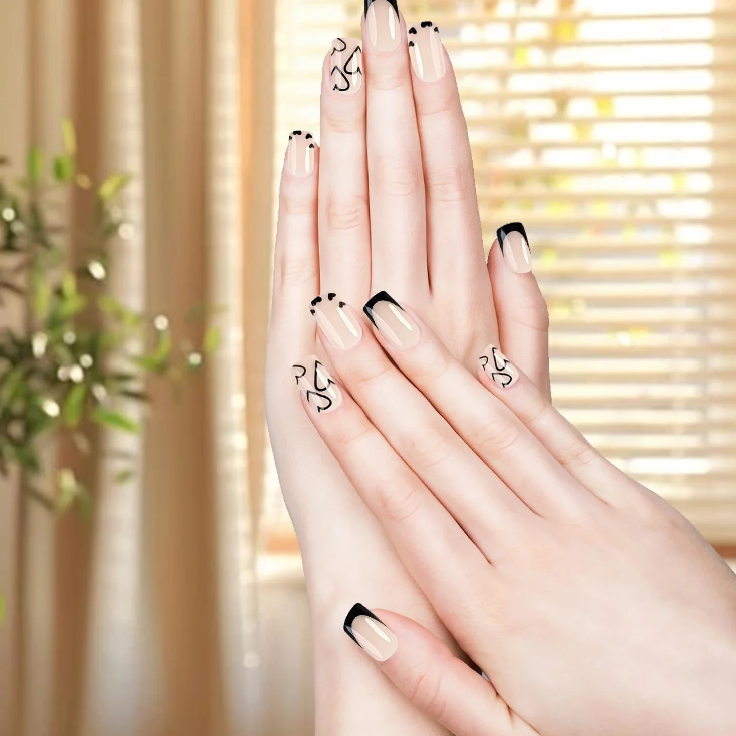24 sztuki French Tip Press on Nails krótkie kwadratowe sztuczne paznokcie krótkie, czarne, akrylowe paznokcie z białym sercem, do naklejania, Fake Nails Soft Gel Extra Short naturalne i przyjemne