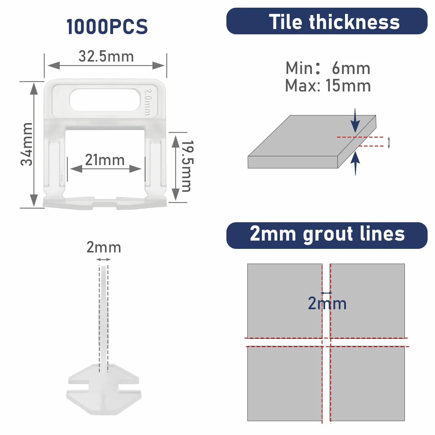 System poziomowania płytek 1000 sztuk nakładki 2 mm wkładki do płytek ceramicznych grubość 6-15 mm