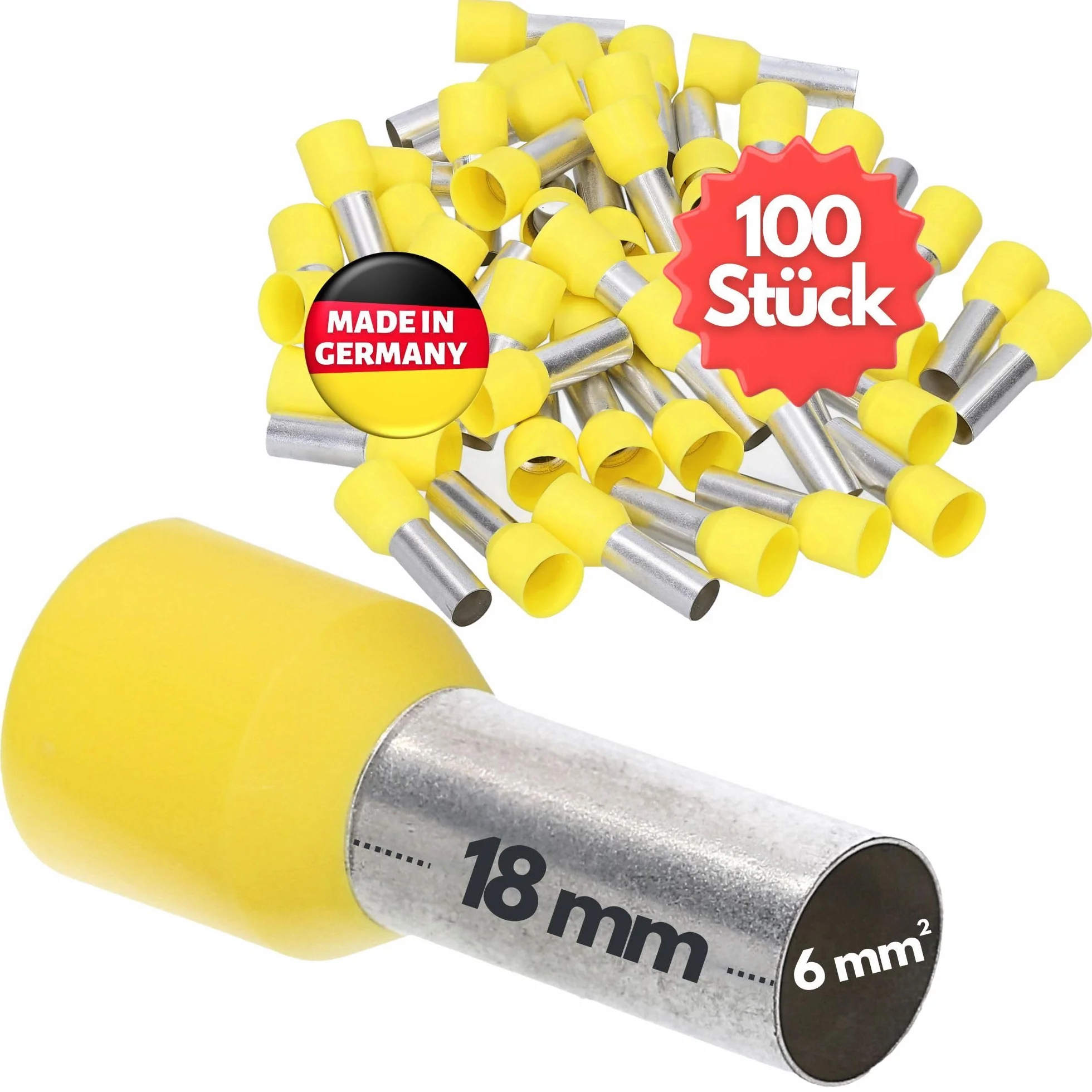 Kalitec AE618GR tulejki kablowe, 100 sztuk, izolowane, 6,0 mm², długość 18 mm, żółte, Made in Germany, jakość przemysłowa