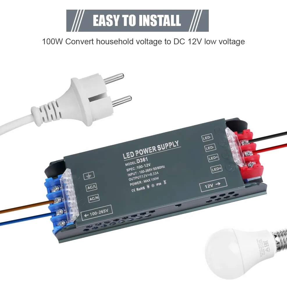 AXFEE Transformator LED 240V 12V 100W ultra cienki sterownik LED do taśm LED reflektorów