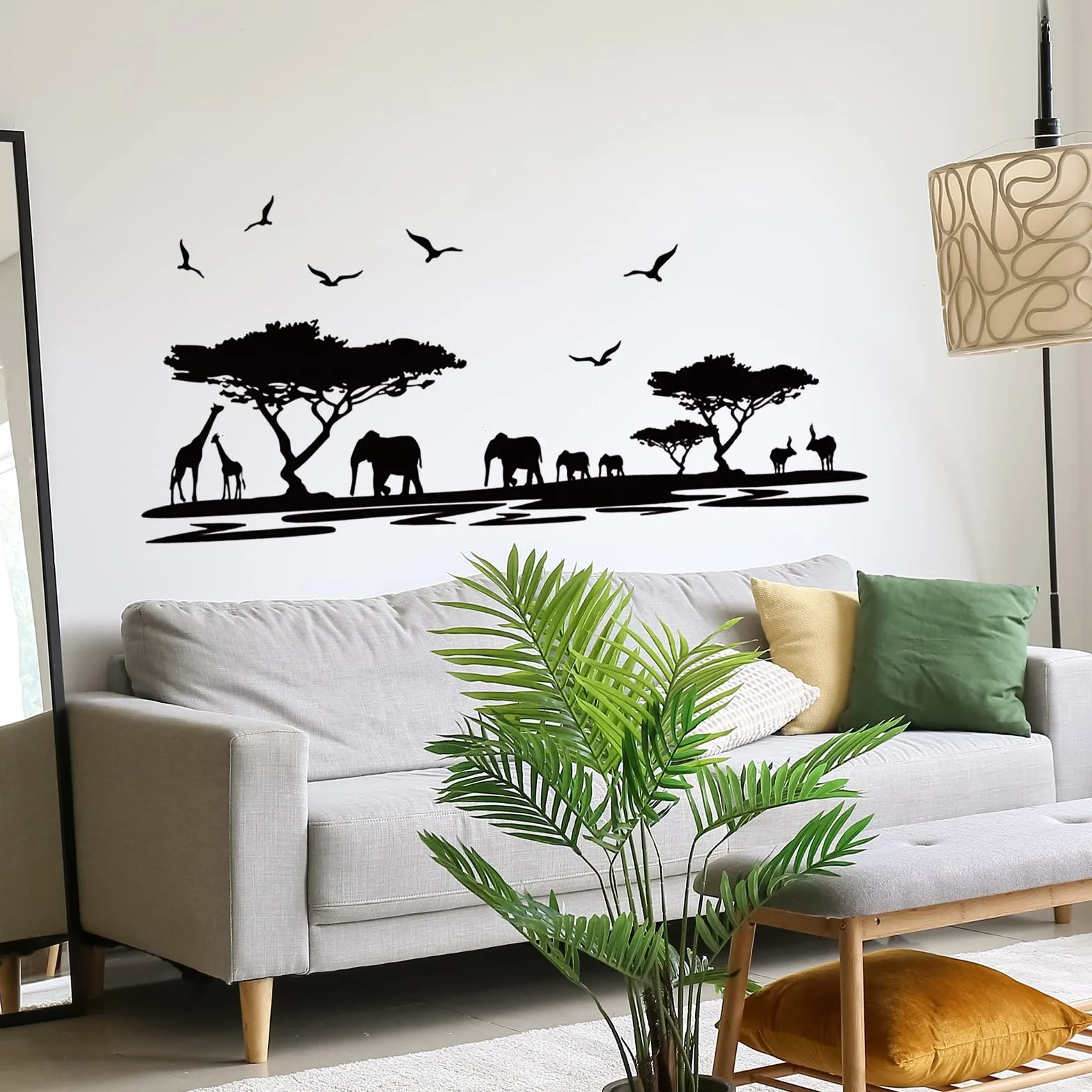 WandSticker4U® - Naklejki ścienne LA SAVANA w kolorze czarnym (160x75 cm) I naklejka ścienna zwierzęta safari afryka krajobraz słoń żyrafa I Deco do salonu, sypialni, kuchni, korytarza, dla dorosłych,