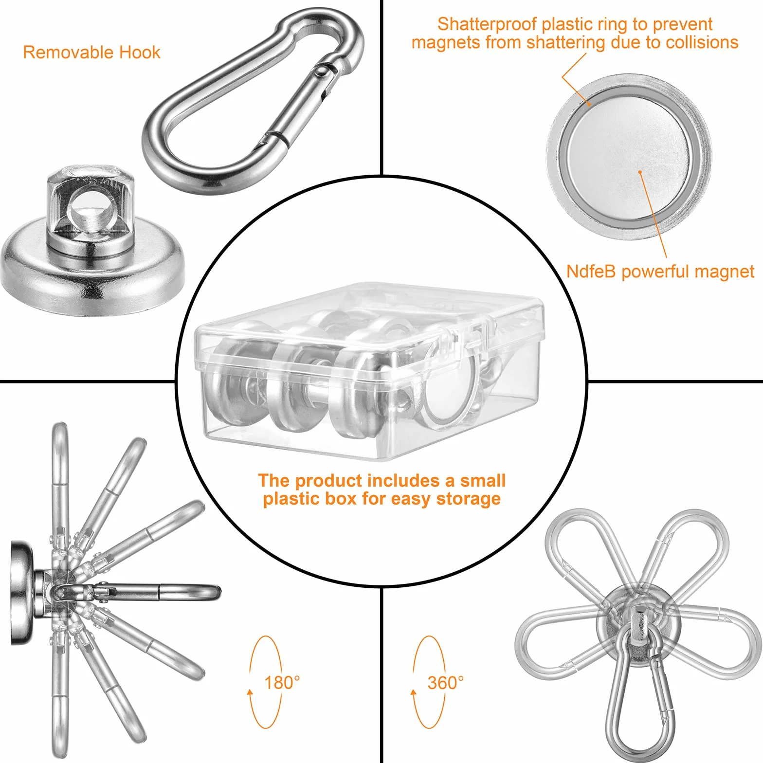 Magnesy neodymowe haczyki magnetyczne 25 mm siła ciągnąca 22,6 kg obrotowy 6 sztuk