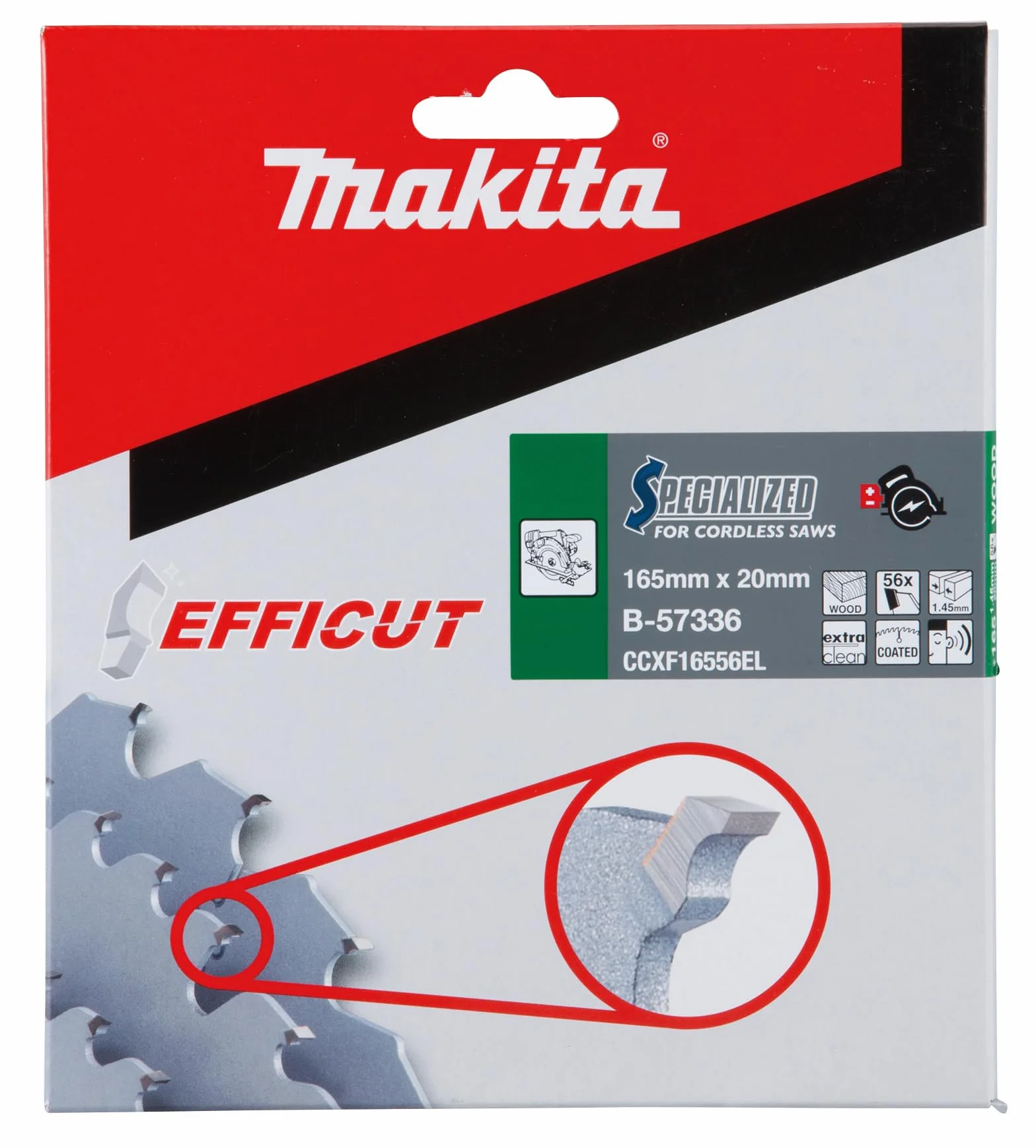 Makita B-57336 EFFICUT brzeszczot do piły tarczowej Ø 165 x 1,45 x 20 mm, 56 zębów, kąt zębów 23°, do drewna, MDF, laminatu