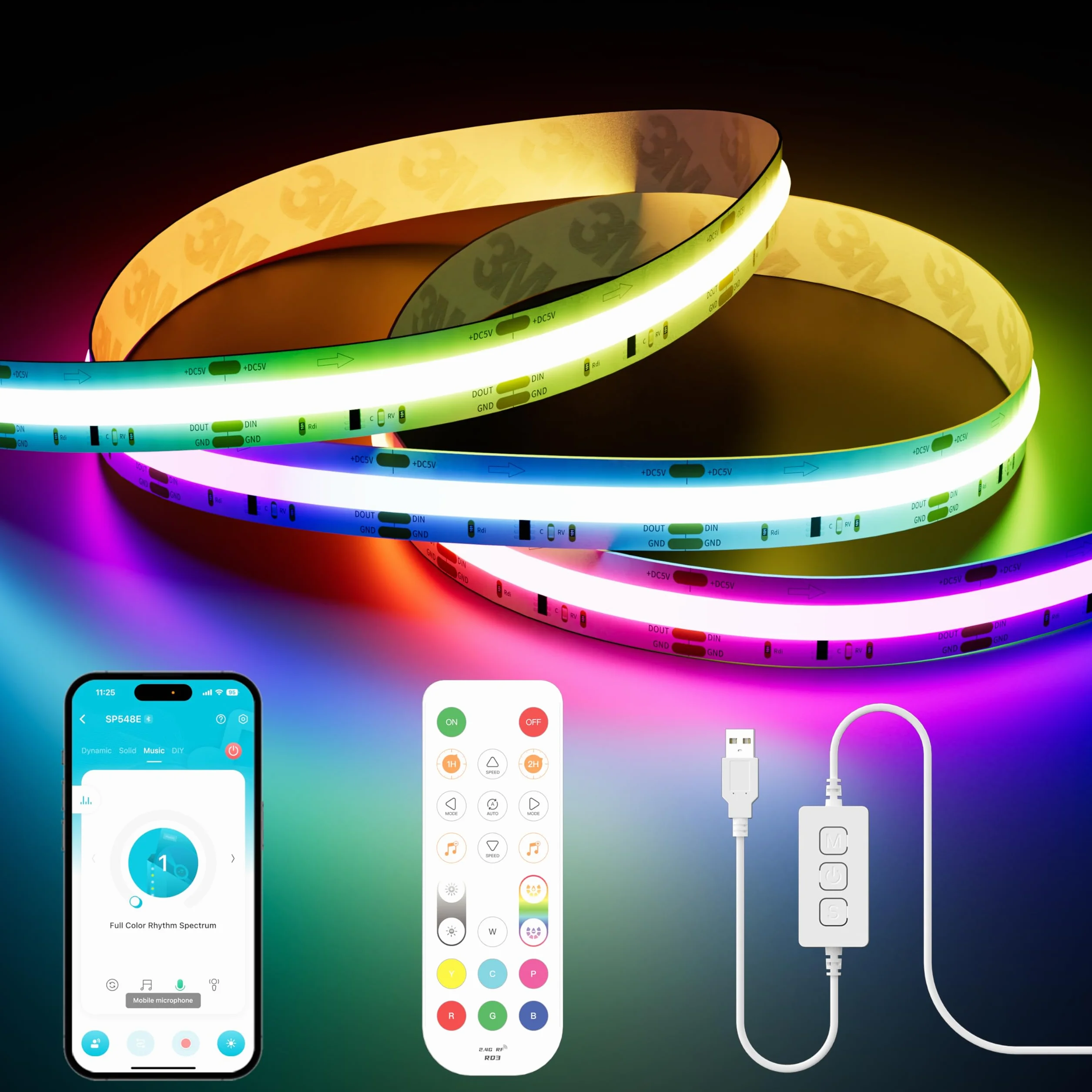PAUTIX Taśma LED RGB Smart IC COB 3 m 5 V 1800 diod LED pikseli adresowalna współpracuje z Alexa Google Assistant pilot zdalnego sterowania RF
