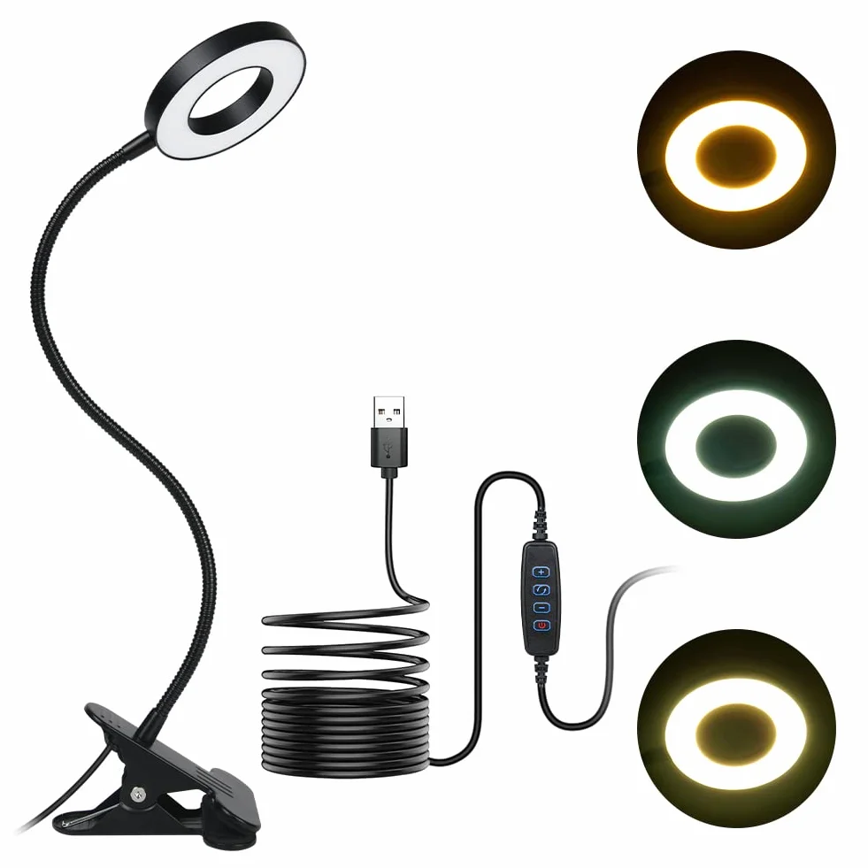 Lampa biurkowa URAQT Clip USB z 12 poziomami jasności, 3 tryby oświetlenia, lampka nocna na gęsiej szyi, ochrona oczu
