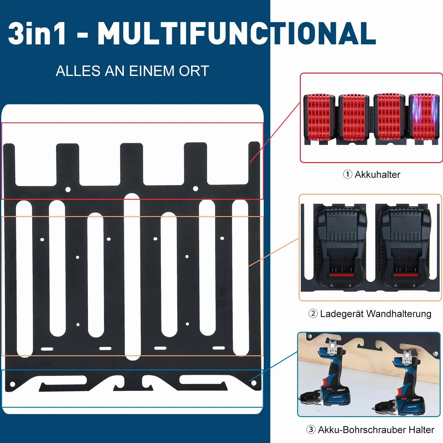 TOPOWN Uchwyt ścienny 3 w 1 do ładowarek Bosch Professional GAL 1880 CV / 18V-40 / 18V-160 C / 3680 CV i GAX 18V-30, do akumulatorów Bosch 18 V