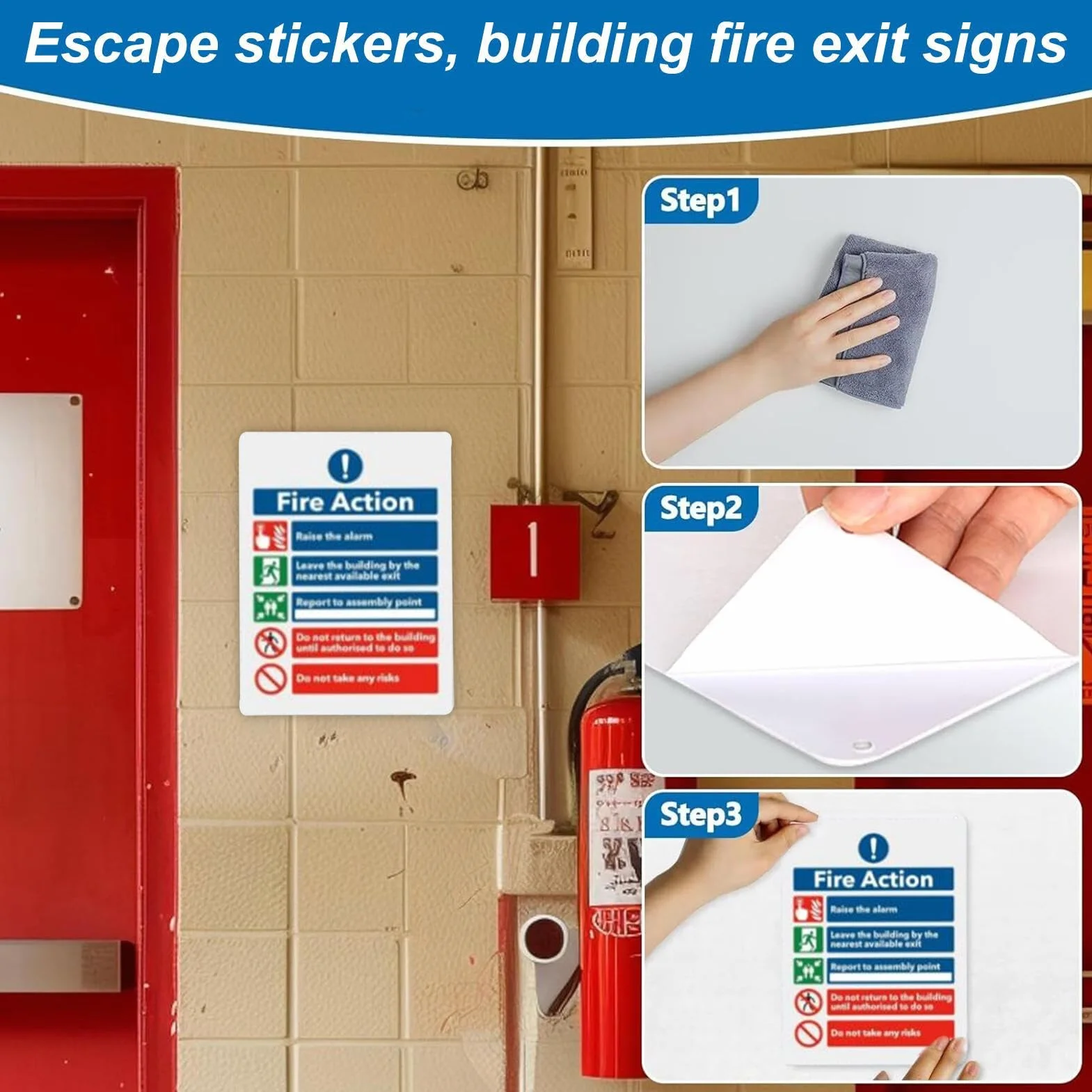 Znak Fire Exit, zestaw naklejek samoprzylepnych, 21 x duża czcionka, człowiek biegnący prawo, znaki bezpieczeństwa