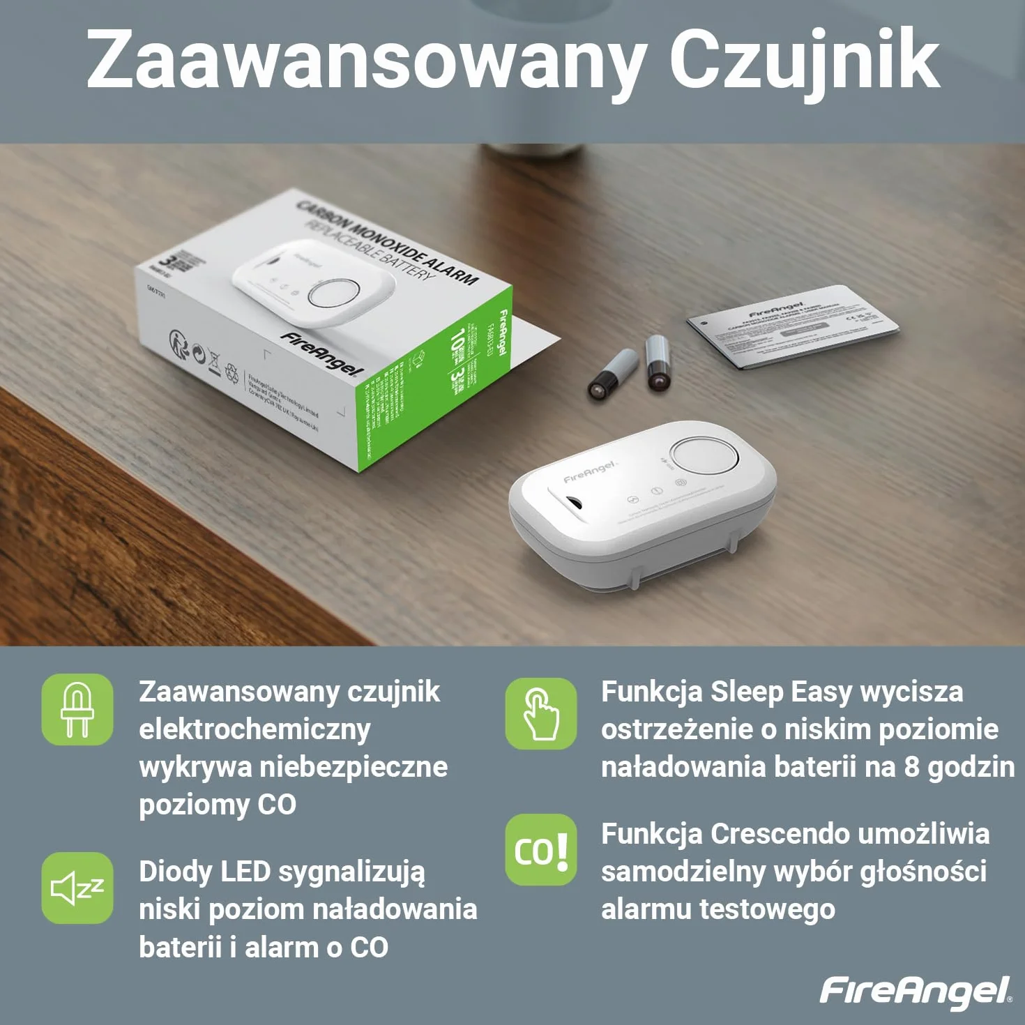 Fire Angel FA6813 Czujnik Czadu – Czujnik Tlenku Węgla Bateriami AA – Przenośna Podróżna Czujka Czadu z Alarmem – Detektor Tlenku Węgla z Funkcją Testu