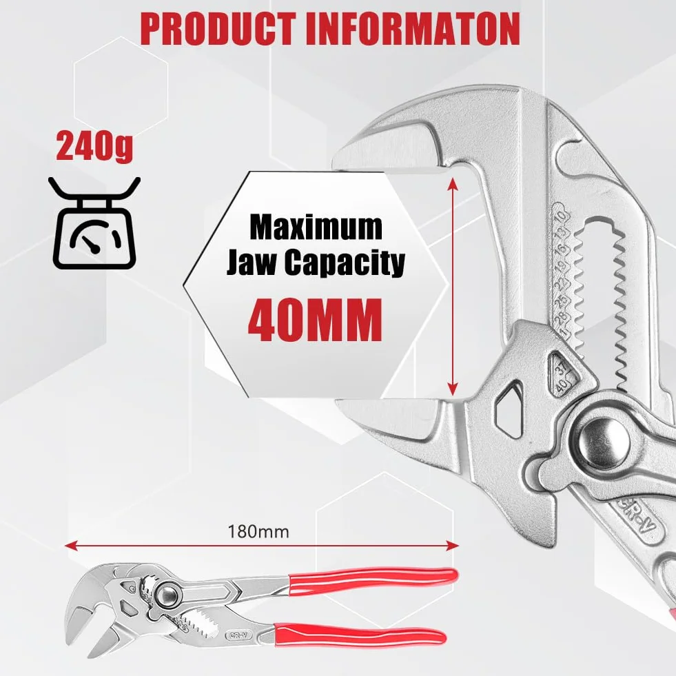 Klucz szczypcowy 180 mm regulowane szczypce do pomp wodnych stal Cr-V podwójne uchwyty równoległe szczęki