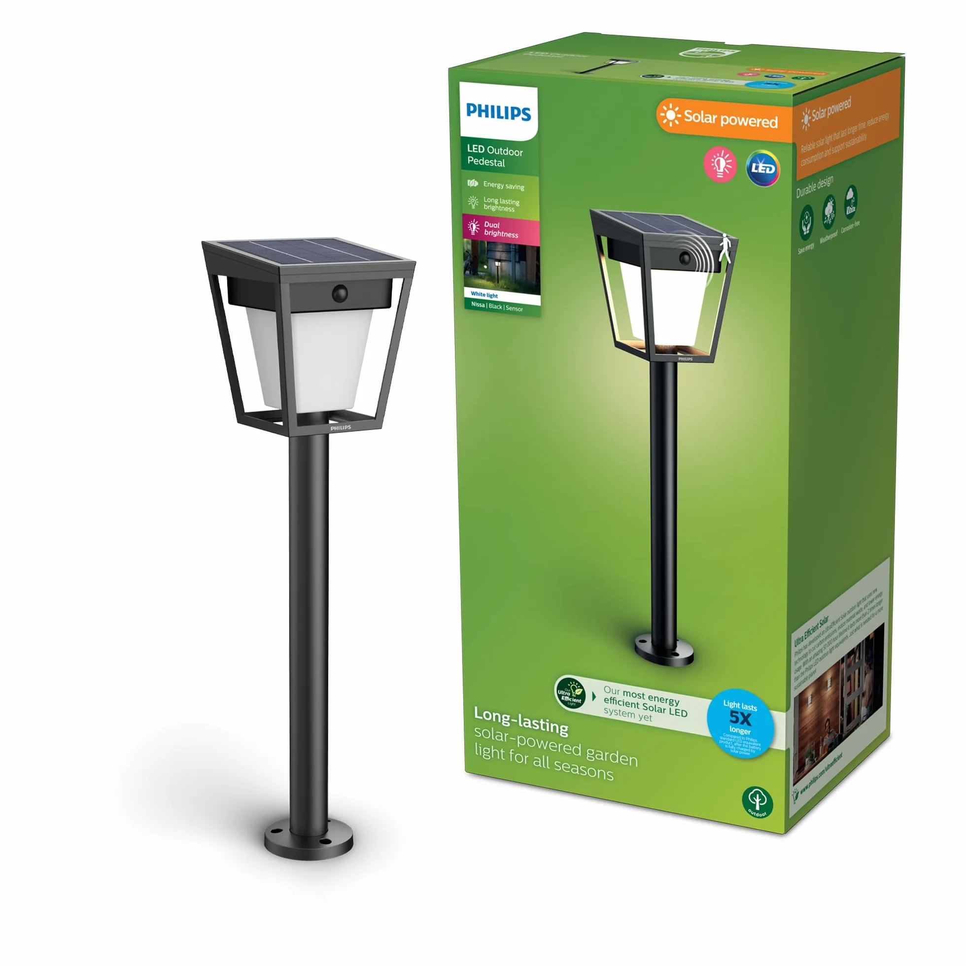 Philips Nissa UltraEfficient Zewnętrzna Lampa na Postumencie Solarna z Czujnikiem, 3000K, 250/25lm, Czarna