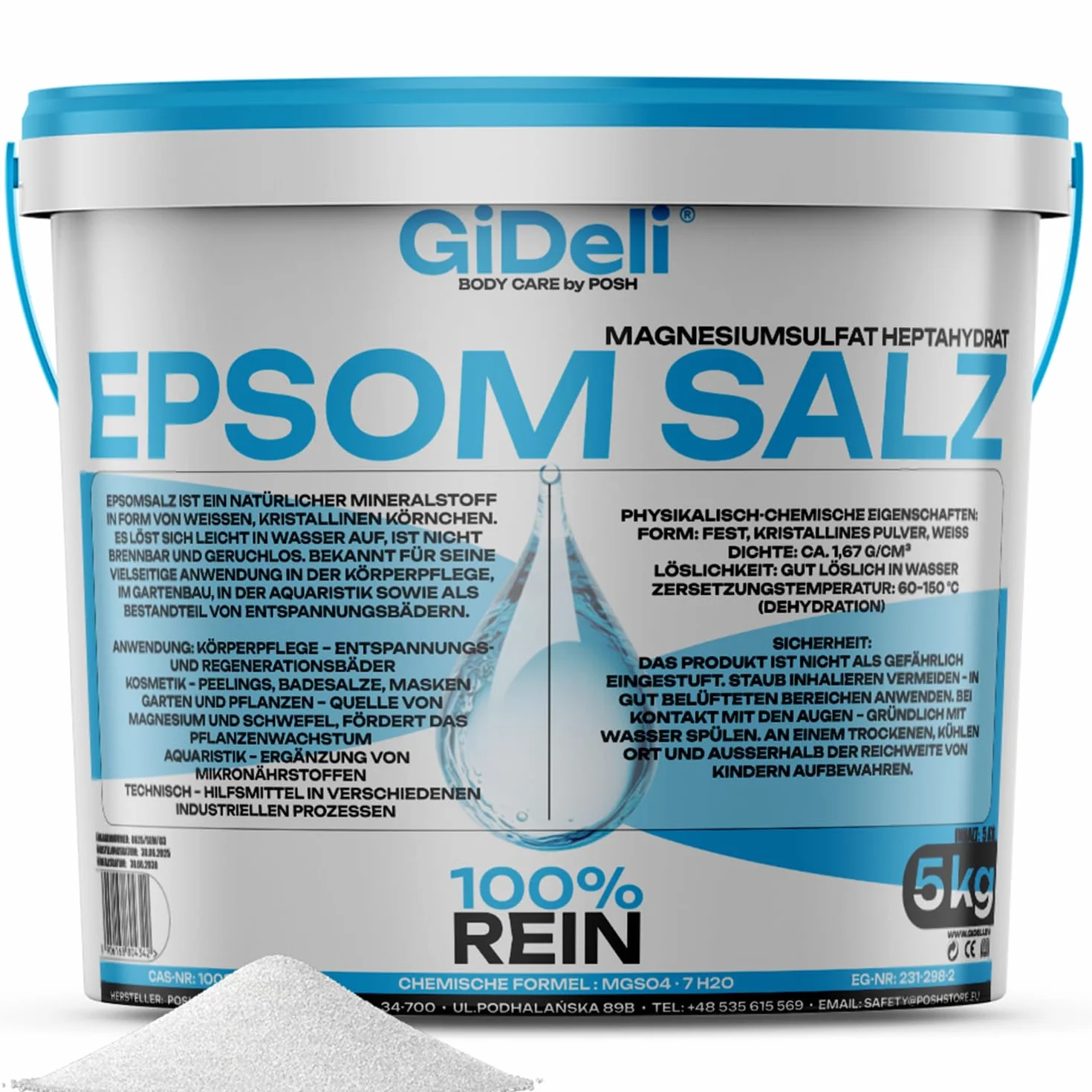 GiDeli Epsom Siarczan magnezu, sól do kąpieli, 5 kg, w 100% czysta naturalna sól, pielęgnacja skóry, kąpiel relaksacyjna (5000 g)