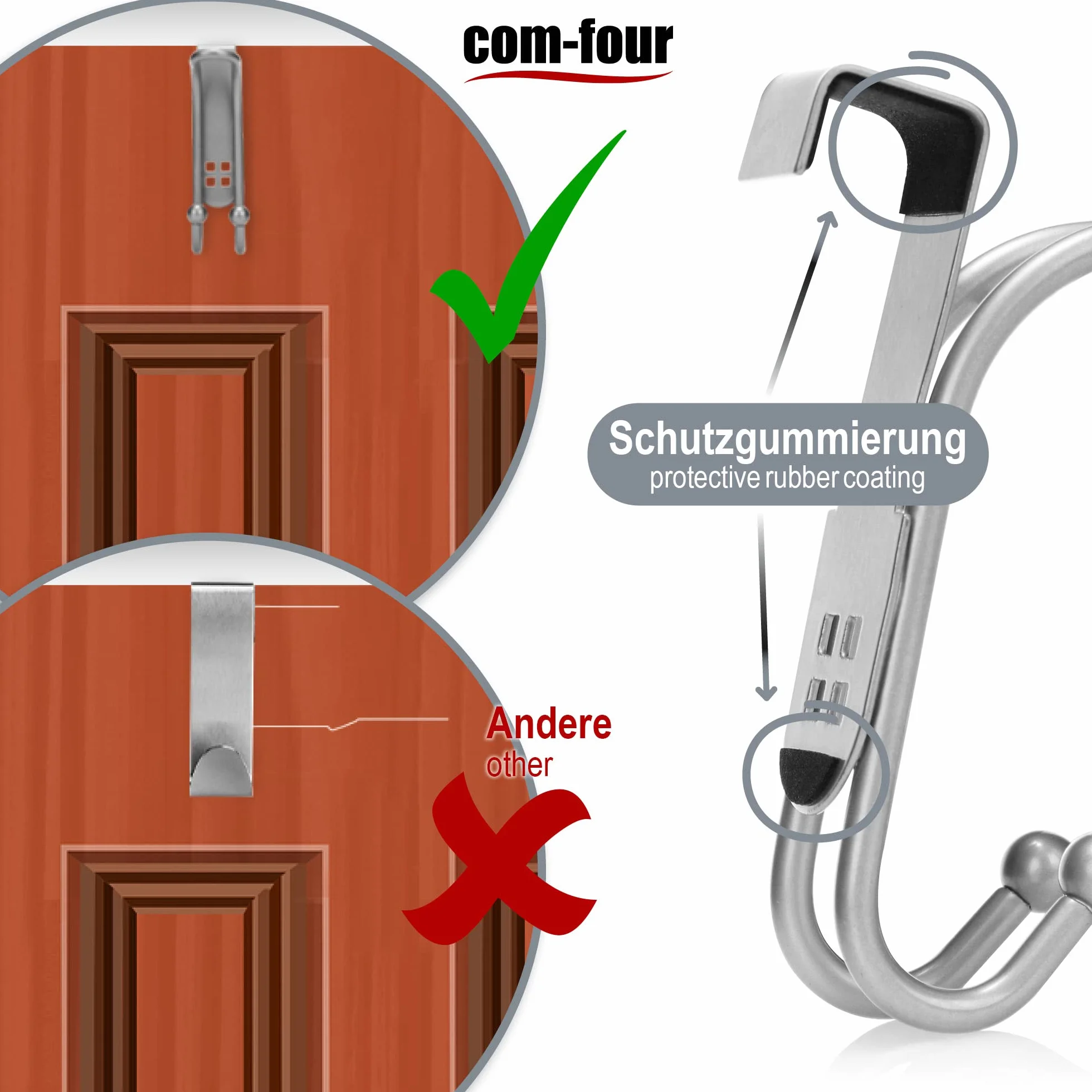 COM-FOUR® 4x haczyki na drzwi - podwójne wieszaki na ubrania z piankową ochroną metalowy uchwyt do wieszania bez wiercenia