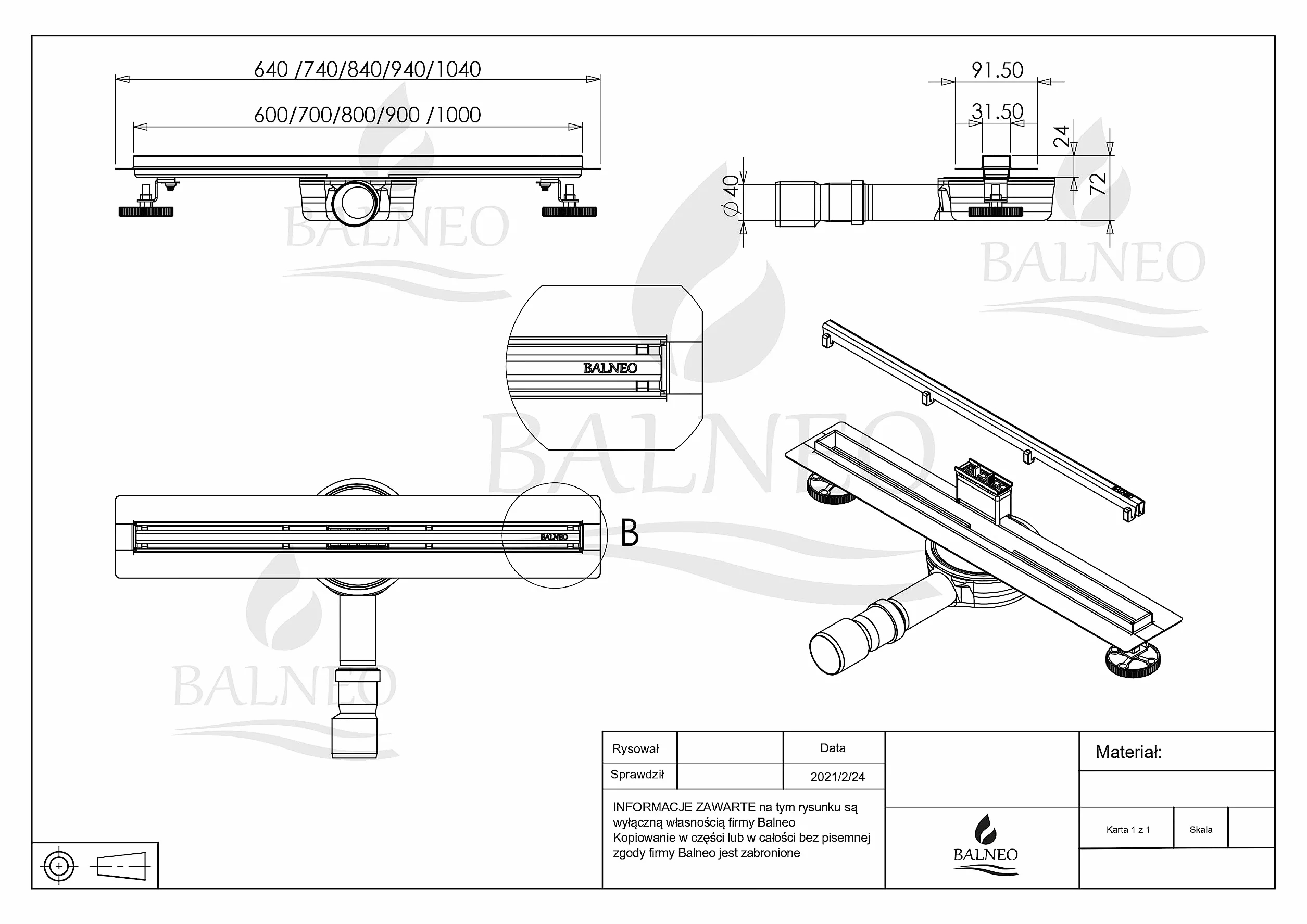 Odpływ liniowy ze stali nierdzewnej 70 cm wąski panel 14 mm niski 57 mm zestaw ProLine