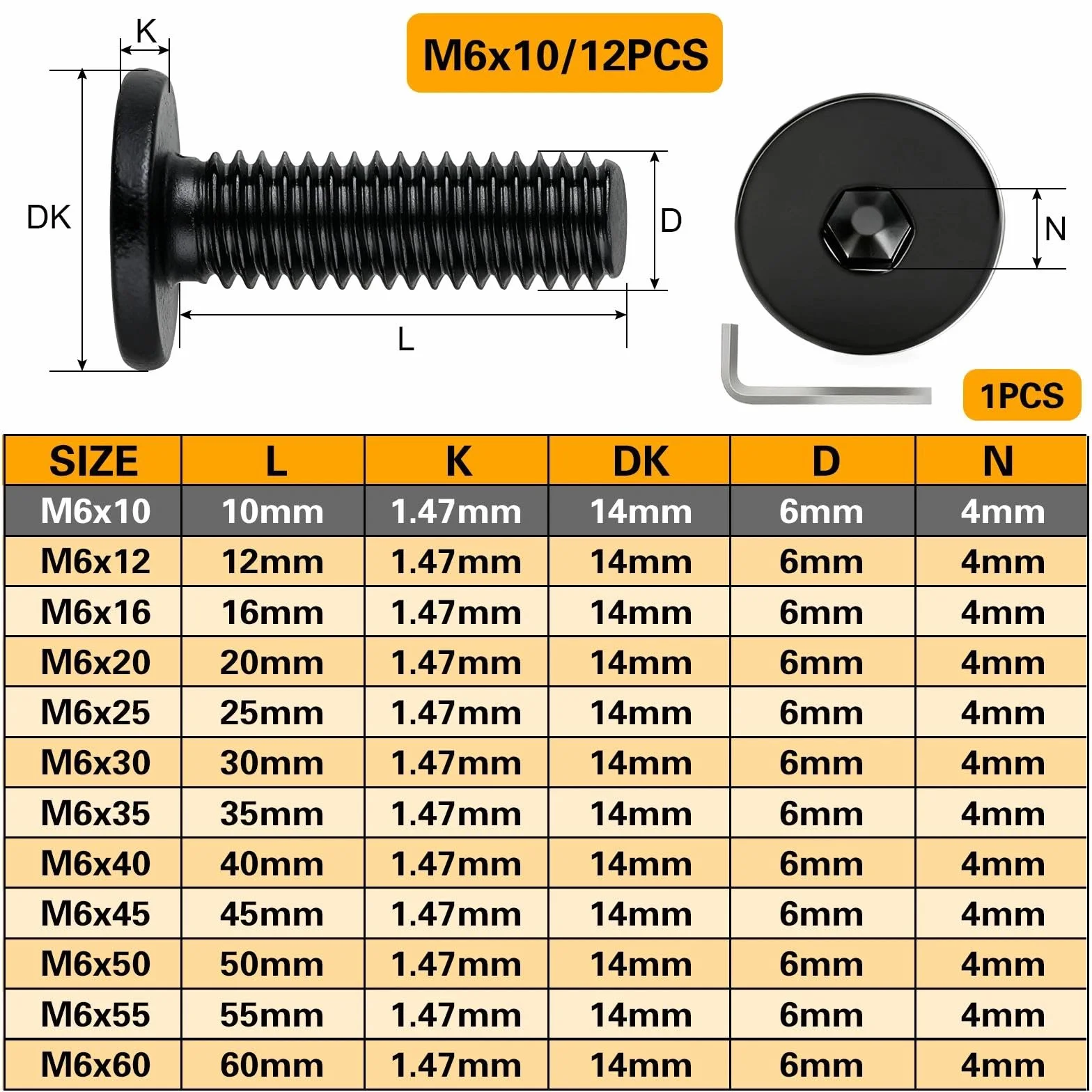 Śruby M6 x 10 mm z łbem płaskim gniazdem sześciokątnym, stal nierdzewna A2 V2A, pełny gwint, 12 sztuk