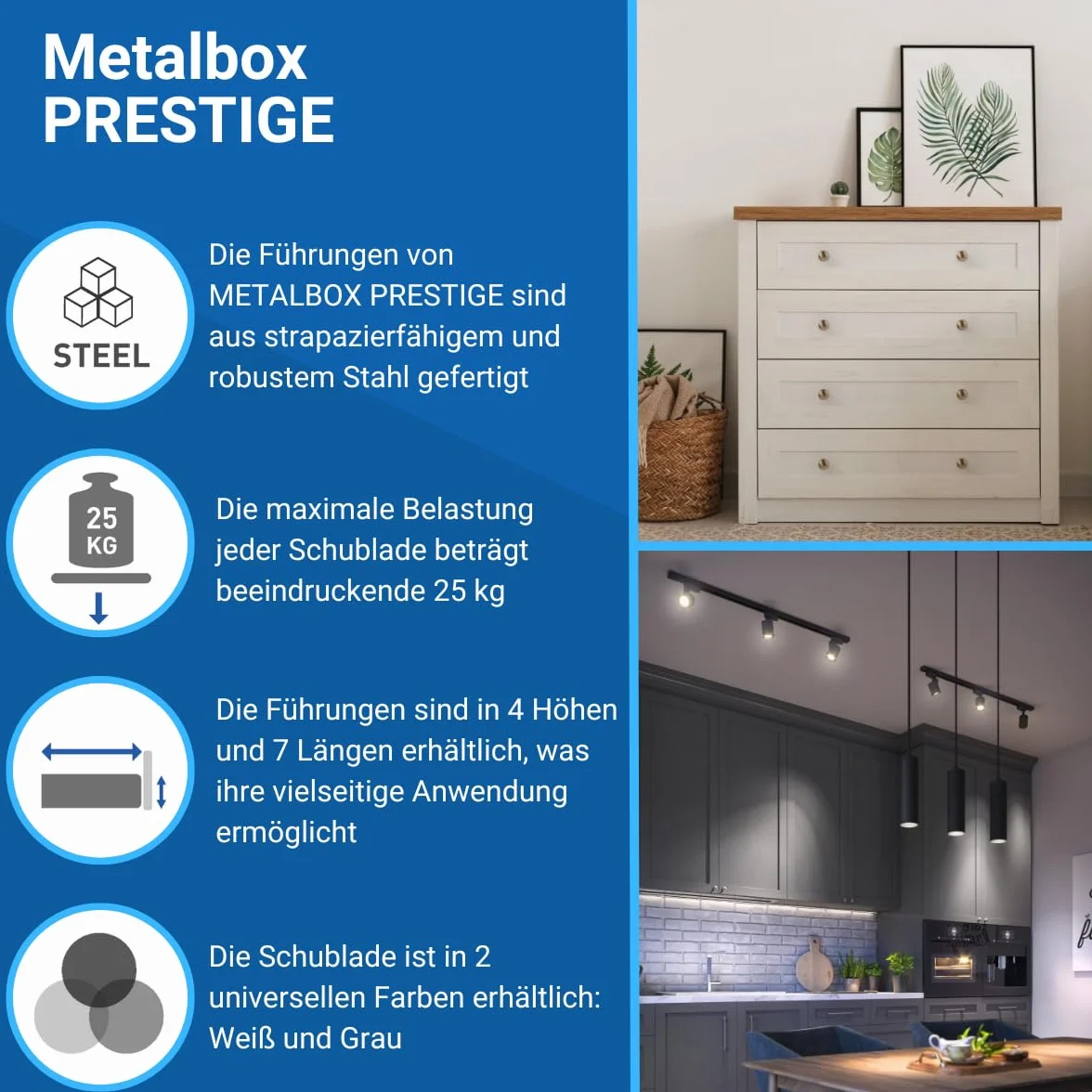 Metalbox Prestige system szuflad 86 mm biały prowadnice rolkowe