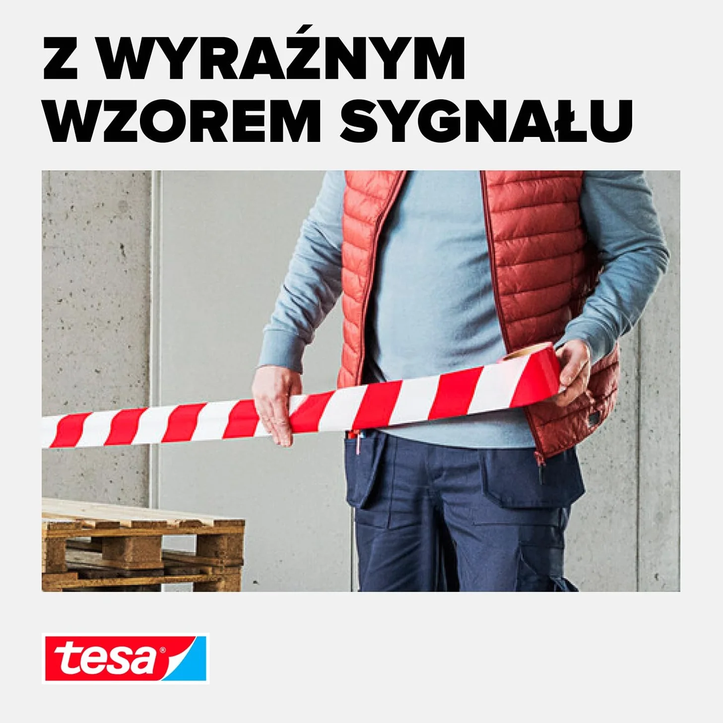 tesa Taśma Ostrzegawcza Barierowa Nieprzylepna 100 m x 80 mm Czerwono-Biała Odporna na UV