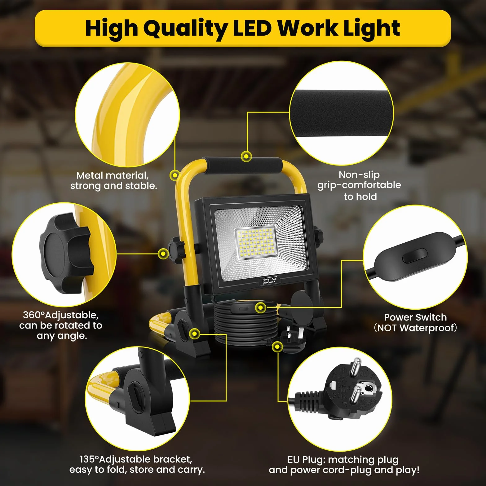 CLY Reflektor LED 60W 5200lm 6500K IP66 Przenośna Lampa Robocza 5m