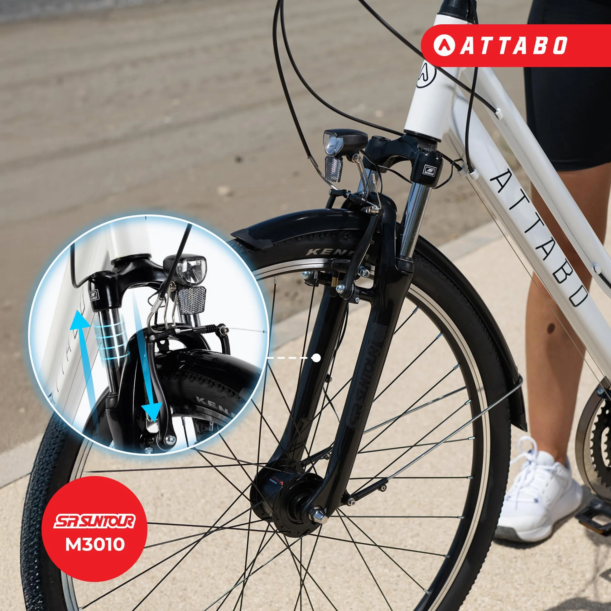 ATTABO Rower trekkingowy damski z ramą 17"-19", ergonomiczna kierownica, hamulce V-Brake, wytrzymały, biały rower z kołami 28", z niskim bagażnikiem, dzwonek rowerowy i odblaskami