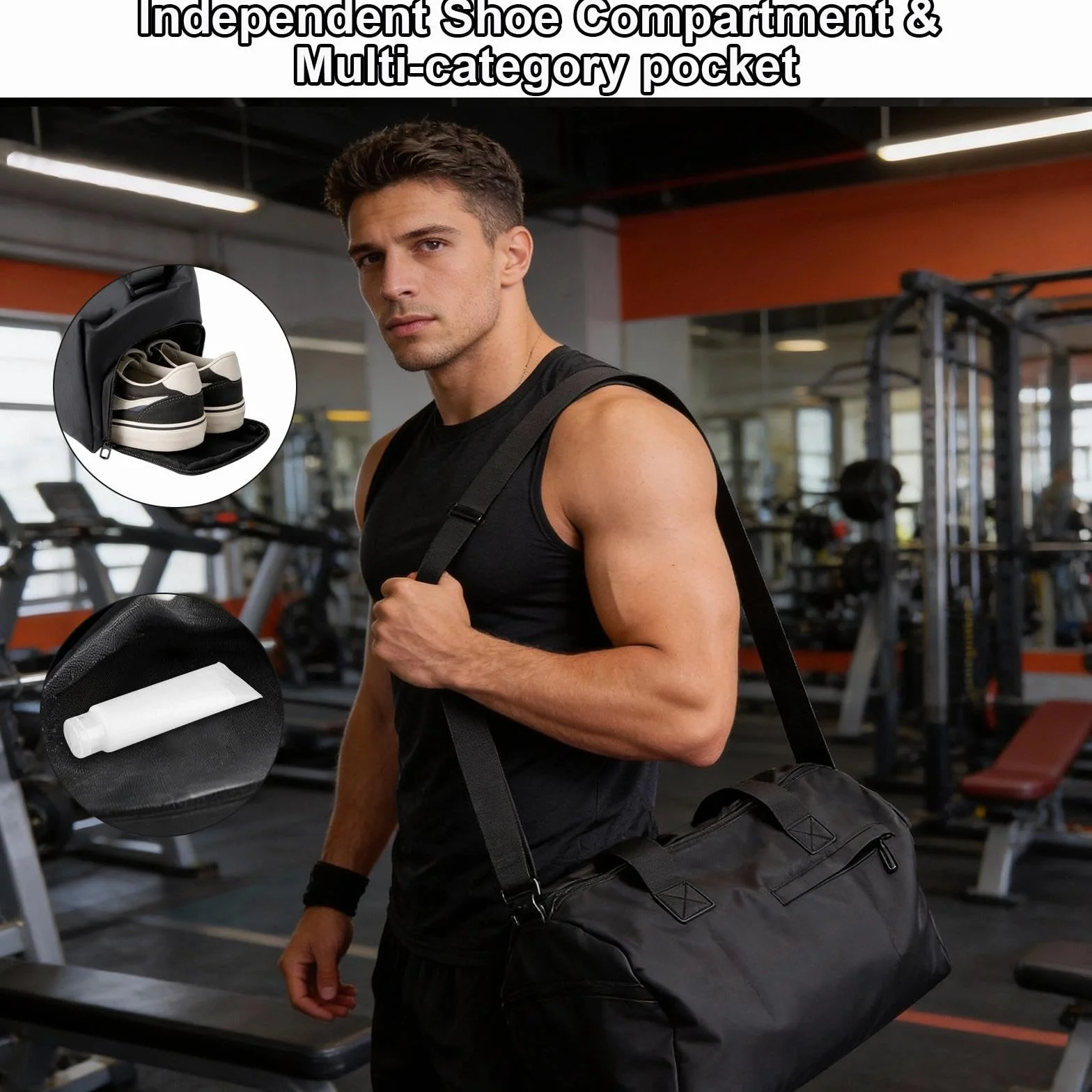 Torba sportowa, uniseks, z kieszenią na mokrą i suchą, kieszenią na buty i kilkoma kieszeniami, łącznie z białym karabińczykiem – do studia fitness, podróży, pływania (czarna)