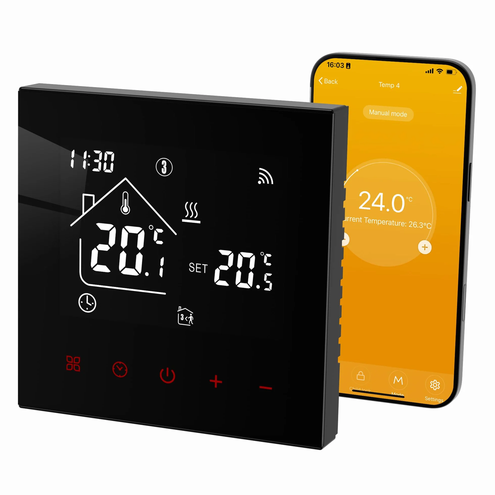Beok Smart Termostat Do Ogrzewania - Programowalny, Elektryczny, WiFi, Pokojowy, Z Czujnikiem, Regulator Temperatury 230V, Kompatybilny Z Alexa, 16A TDR89B-WIFI-EP, Czarny
