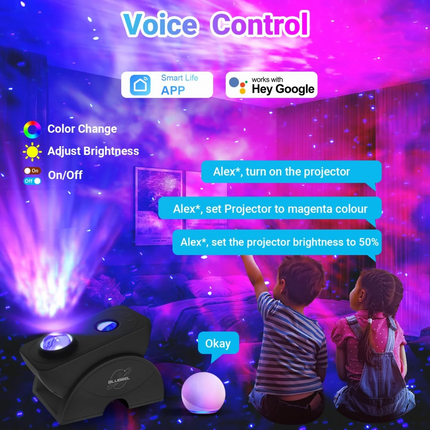 Blubbel Projektor LED gwiaździstego nieba, projektor gwiazd WLAN, lampa nocna 3D Galaxy, sterowanie za pomocą aplikacji / głosu, projektor gwiazd, galaktyka, kompatybilna z Alexa/Google, dla niemowląt