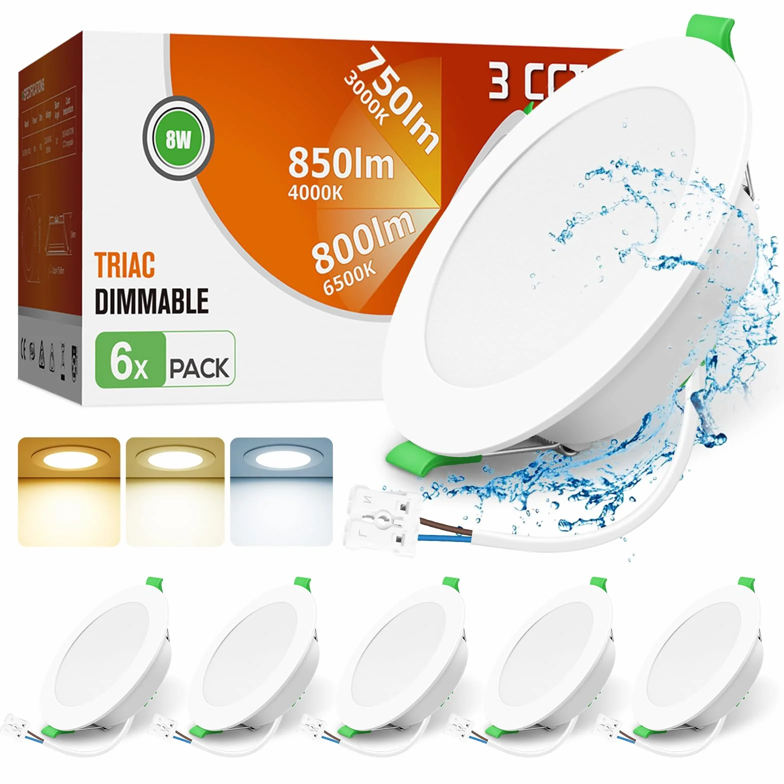 ALUSSO Wpuszczany Reflektor LED 8W 850lm Ściemnialny IP44 3CCT 3000K/4000K/6500K Φ75-85mm