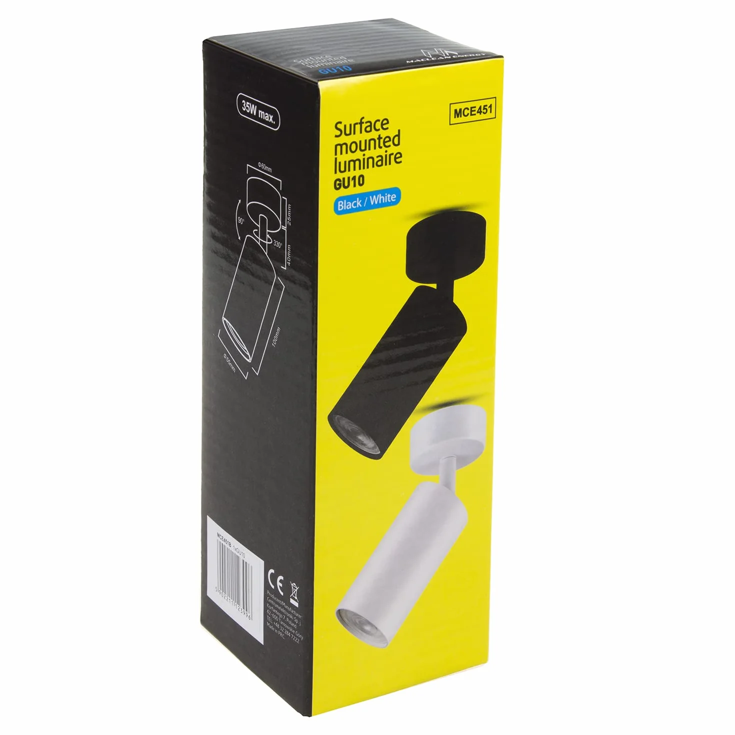 Maclean MCE451 B Lampa Ścienno-sufitowa Punktowa Ruchoma Aluminiowa 1xGU10 55x100mm Czarny Mat