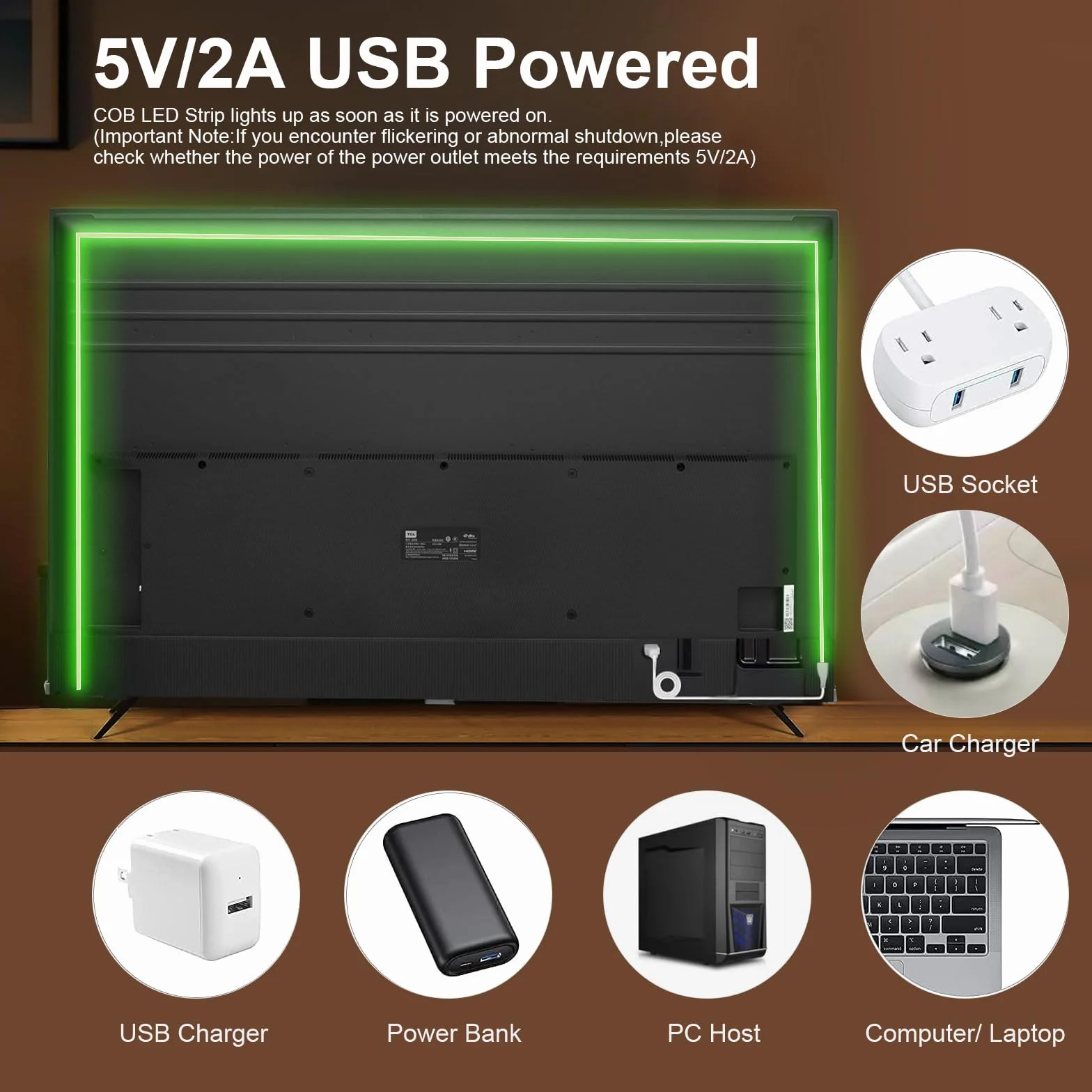 Zielony COB taśma LED 5V 3m 480 LED/m USB CRI90 2,7mm do kamery telewizora inteligentne podświetlenie