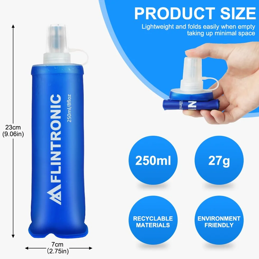 flintronic Miękka butelka TPU, 250 ml, składana butelka na wodę, lekka, miękka butelka na wodę dla obu płci, bez BPA, szczelne, składane butelki na wodę do biegania, jazdy na rowerze, wspinaczki, 2