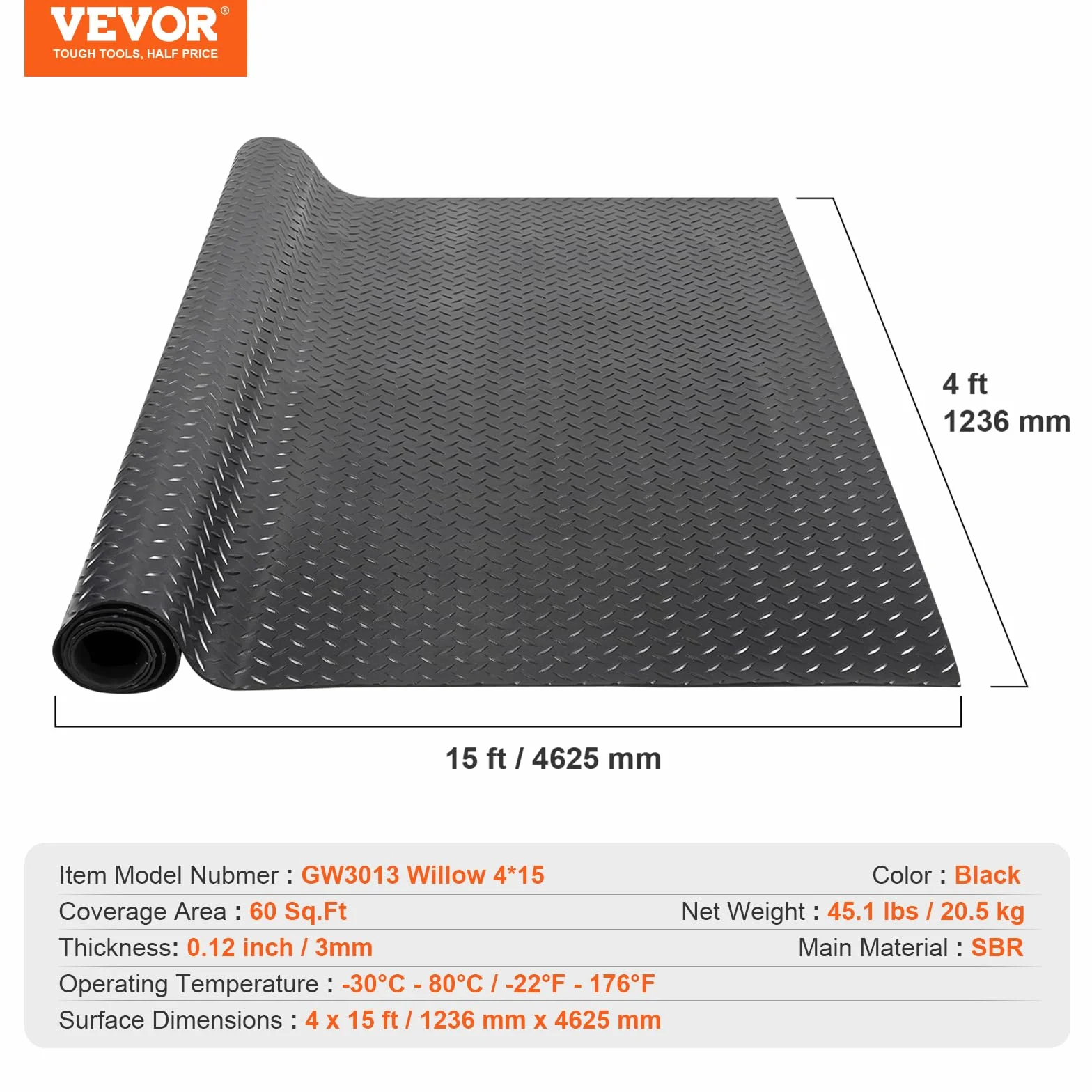 VEVOR Gumowa mata podłogowa z diamentową płytą 3 mm x 1,2 m x 4,6 m SBR czarna do garażu