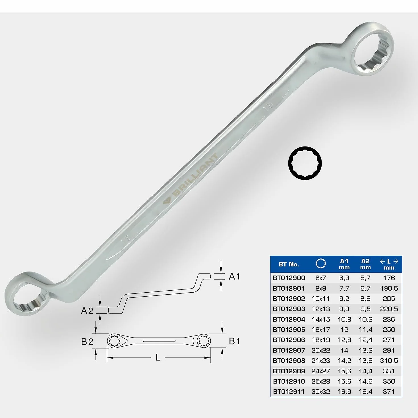 BRILLIANT TOOLS BT012902 Podwójny klucz oczkowy zagięty 10 x 11 mm