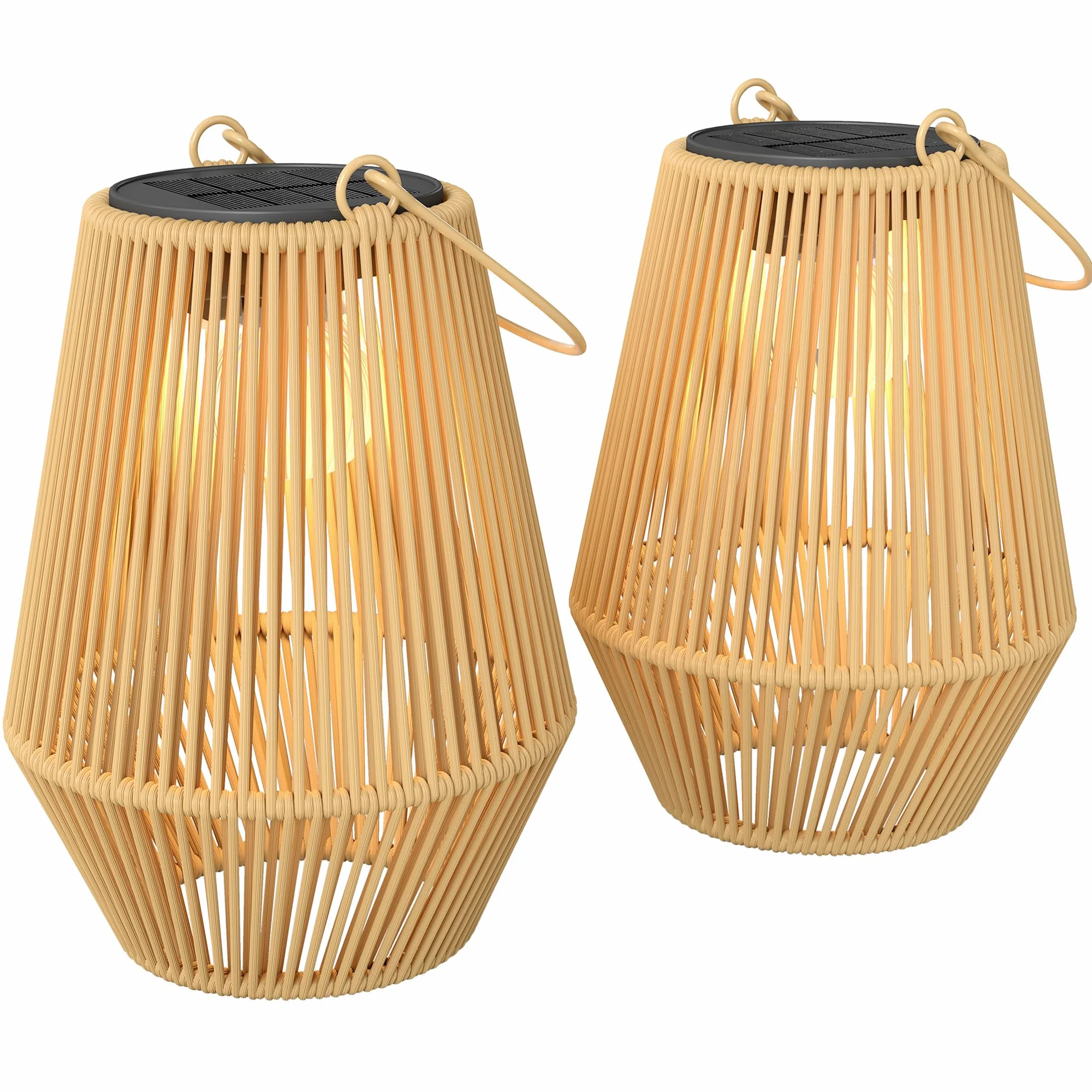 Outsunny Solarna lampa stojąca zestaw 2 szt. rattanowa IP44 wodoszczelna do ogrodu
