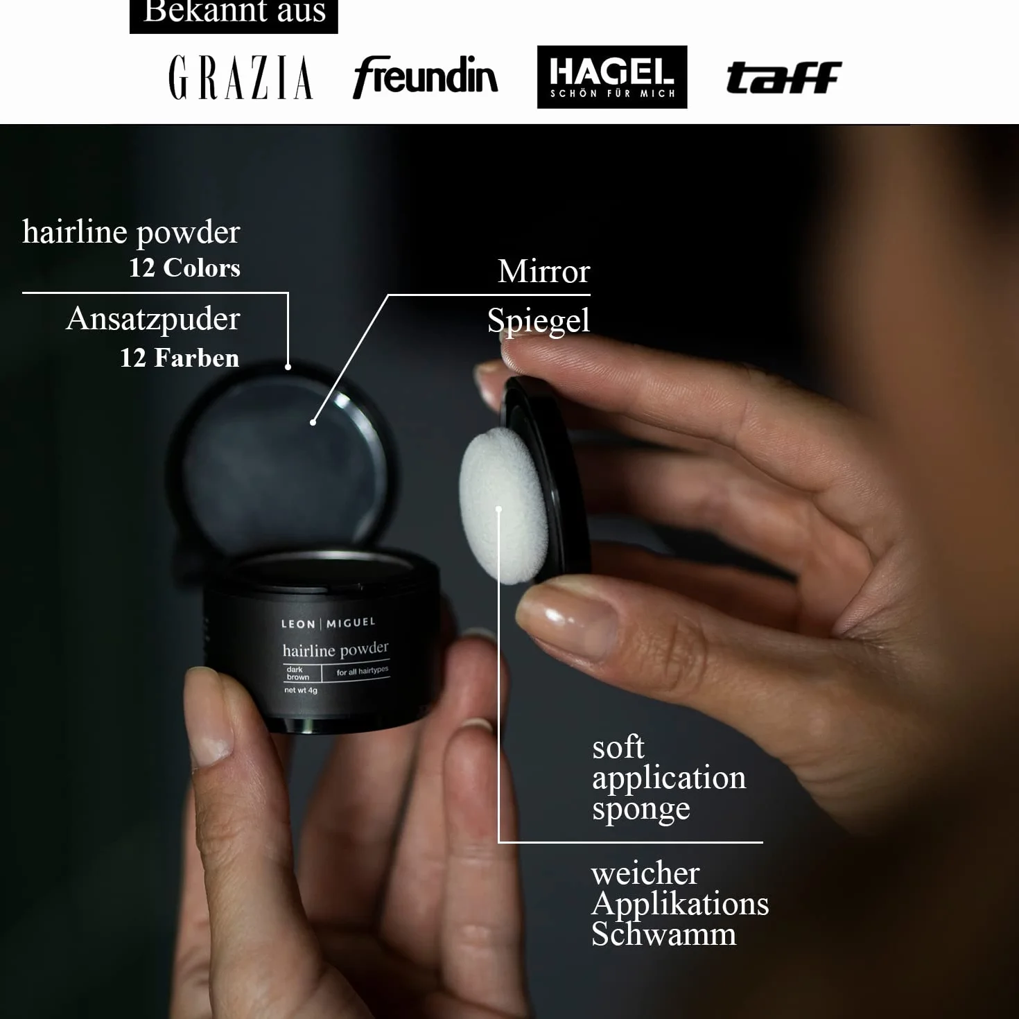 LEON MIGUEL Puder do odrostów – Hairline Powder jako wodoodporny korektor do włosów do kaszerowania odrostów dla kobiet i mężczyzn, niewidoczny makijaż do zagęszczania włosów – 4 g | ciemny brąz