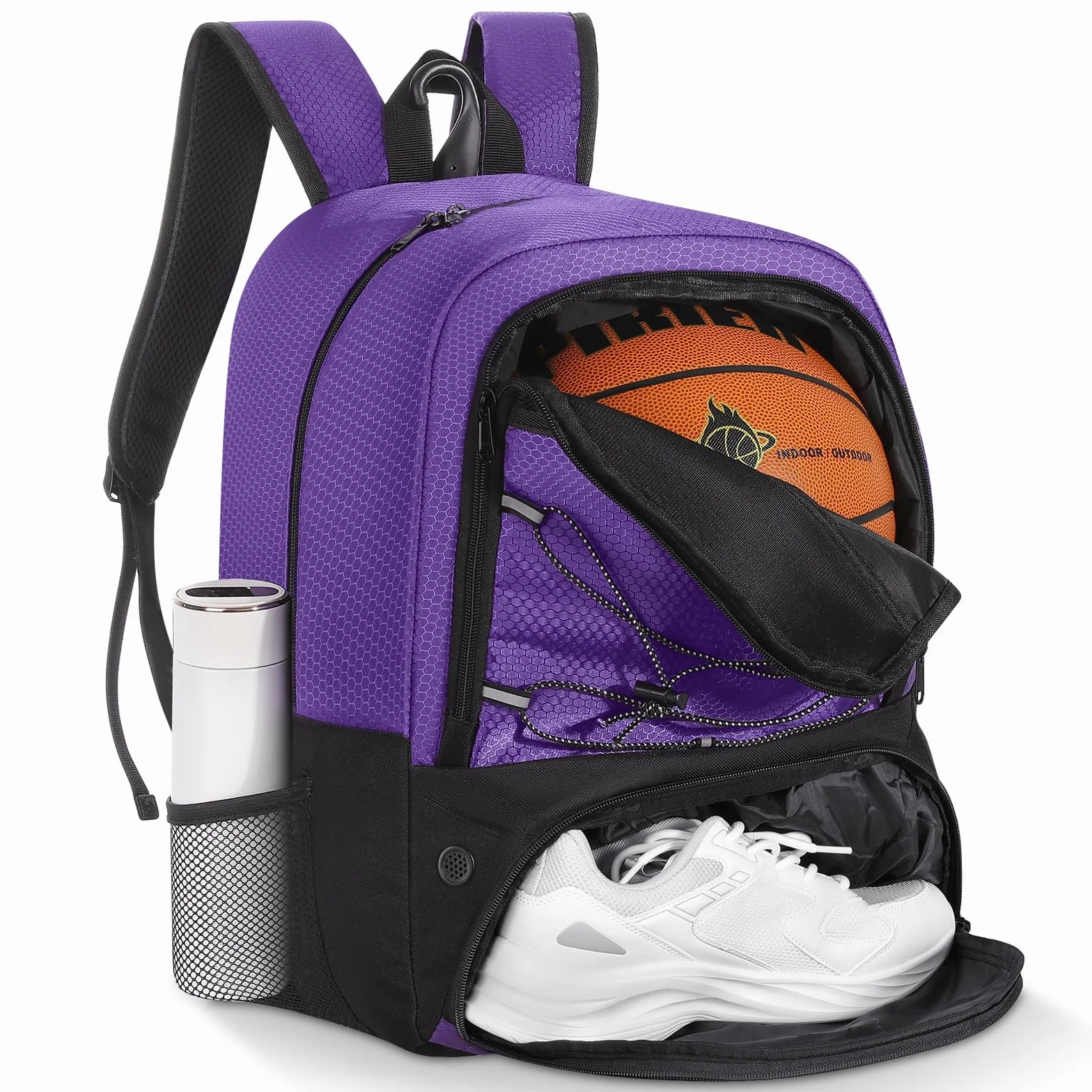 MoKo Basketball Bag Backpack, Soccer Backpack for Men & Women with Separate Ball and Shoes Compartments, Water-Resistant, Fence Hook, Sports Bag for Clothes, Shoes, Tablets, Laptops, Purple