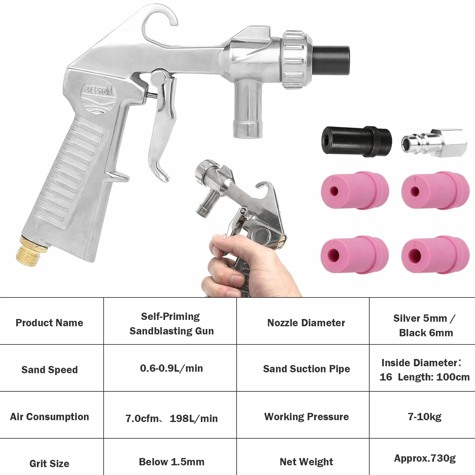 Pistolet do piaskowania sprężonego powietrza z dyszami, czarna metalowa dysza, złączka ze stali nierdzewnej