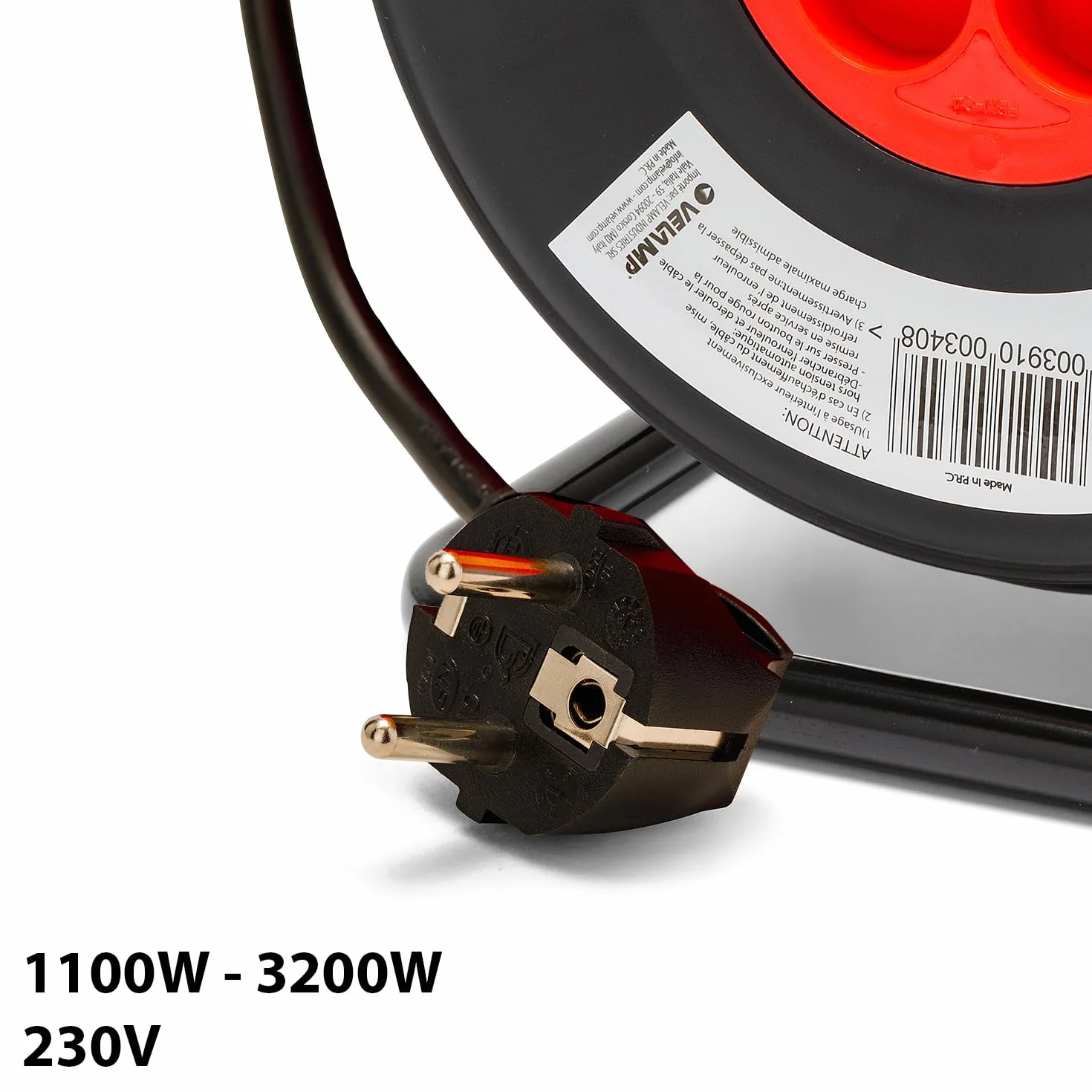 Velamp REEL-FR-40 Rallonge Prolongateur électrique 40 m avec enrouleur 4 Prises 16 A section 3G1,5 mm² + coupe-circuit. Noir et Rouge