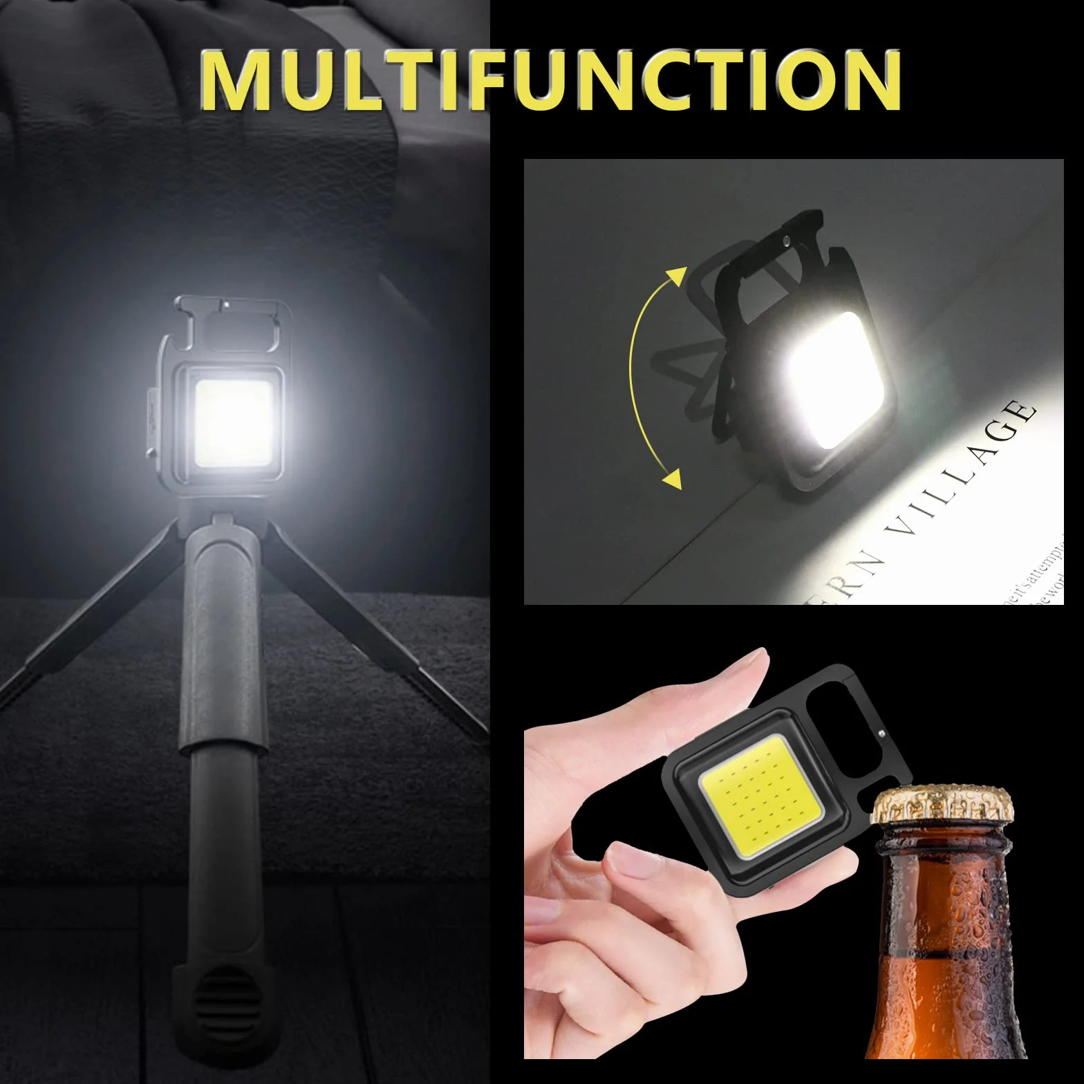 2 sztuki COB breloczek do kluczy, 4 tryby pracy, ładowana przez USB, wodoszczelna, 800 lumenów, mała latarka, przenośna latarka z uchwytem składanym, otwieraczem do butelek i podstawą magnetyczną