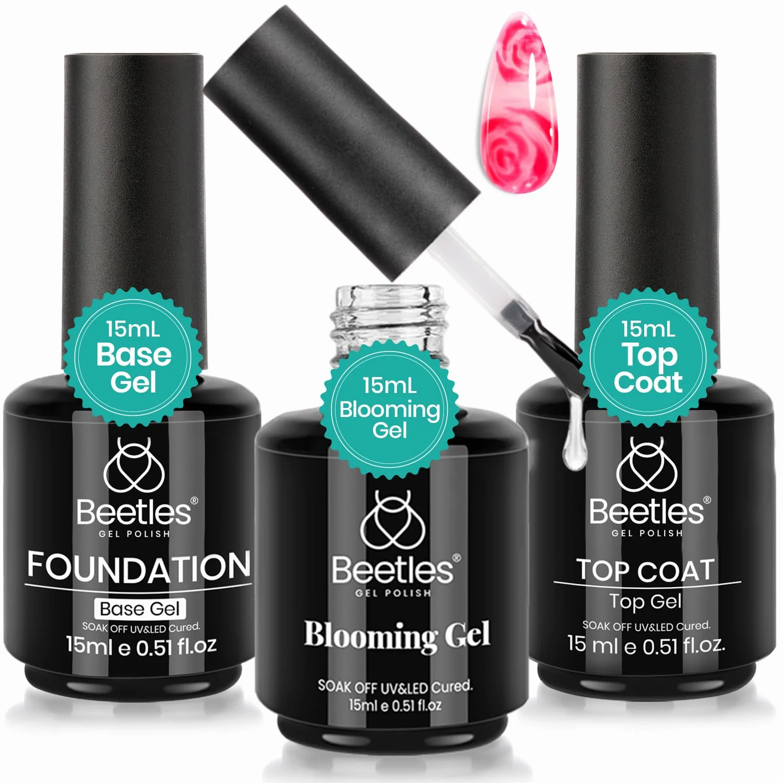 Beetles Nail Blooming Gel & No Wipe Gel Base Top Coat Set, 3 sztuki 15 ml żelu bazowego o błyszczącym wykończeniu, który może być żelowym prezentem do manicure dla kobiet