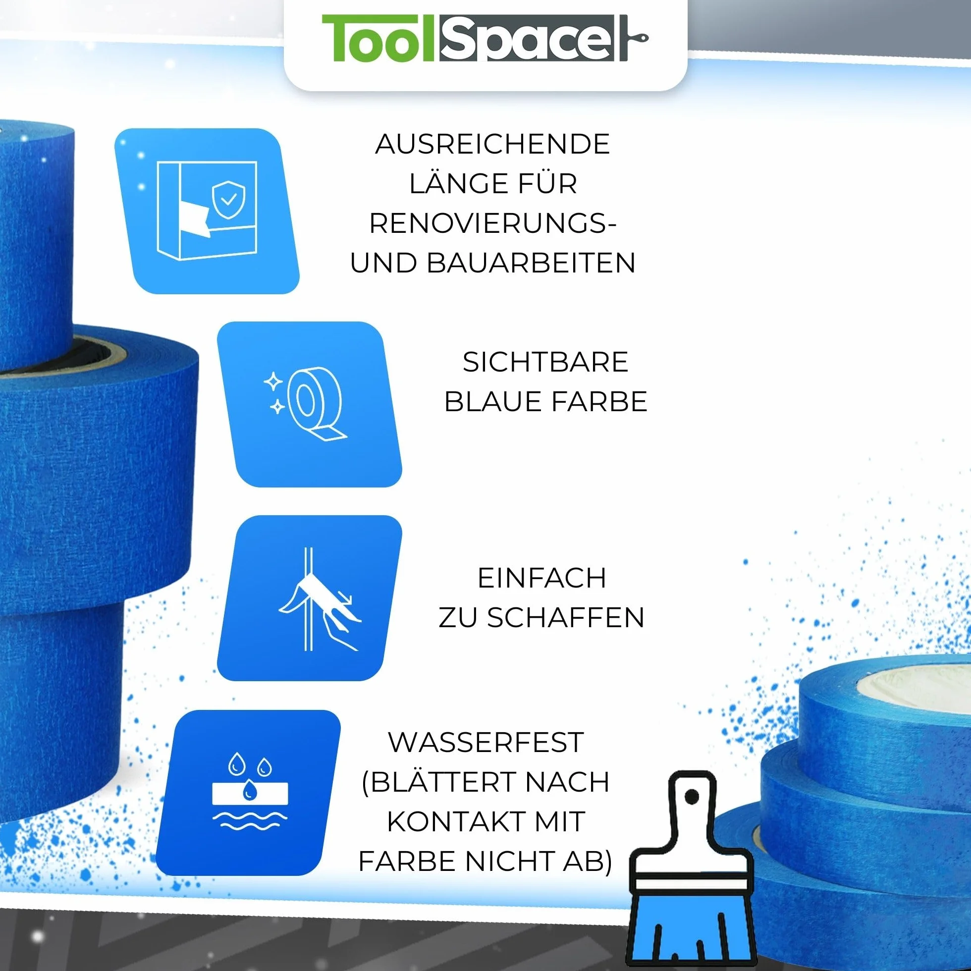 ToolSpace Taśma Papierowa Niebieska Ochronna do Malowania Ścian i Sufitów Prac Remontowych Klej Bez Rozpuszczalników Nie Podcieka 48mm/50 m Zestaw 3 Sztuk 150 m
