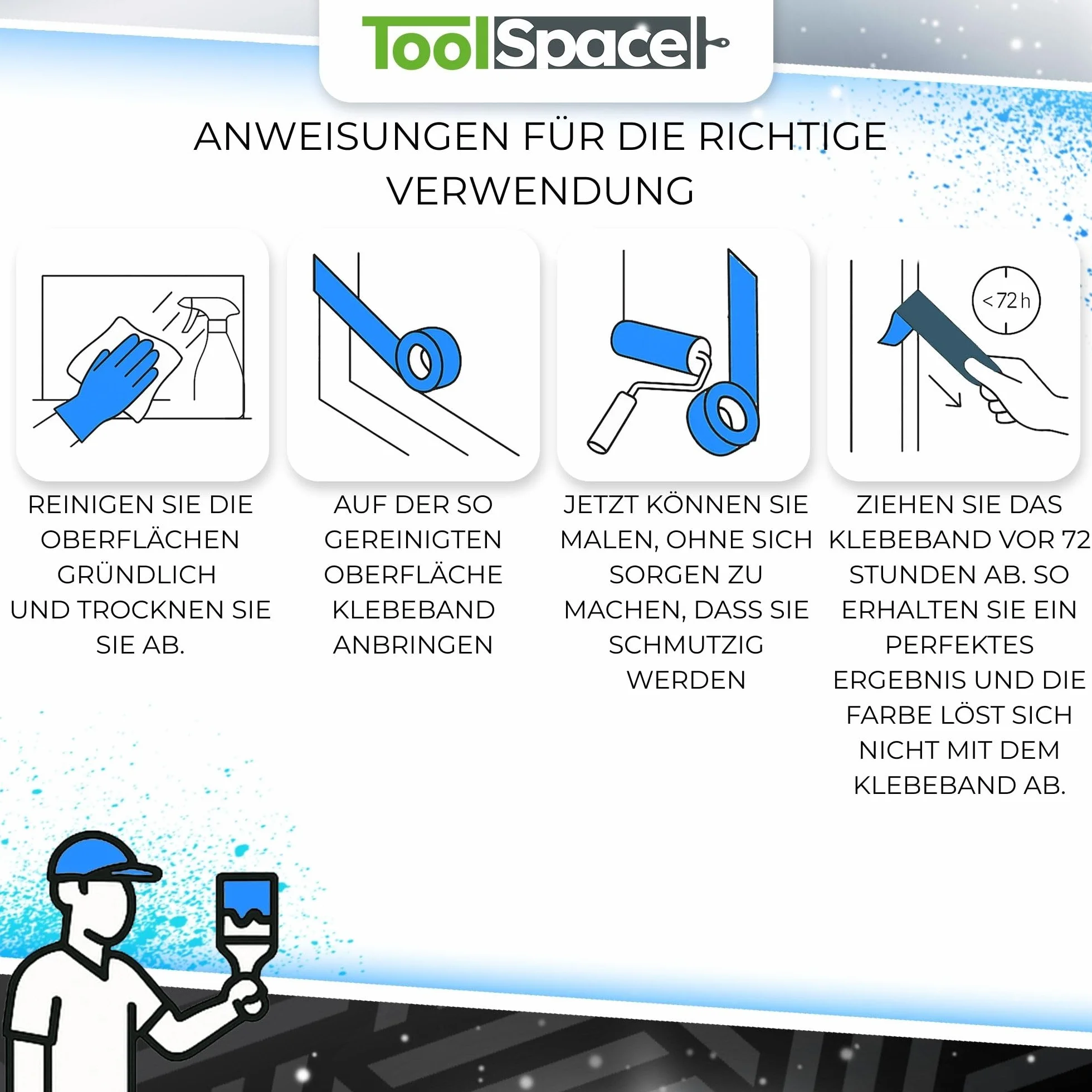ToolSpace Taśma Papierowa Niebieska Ochronna do Malowania Ścian i Sufitów Prac Remontowych Klej Bez Rozpuszczalników Nie Podcieka 48mm/50 m Zestaw 3 Sztuk 150 m
