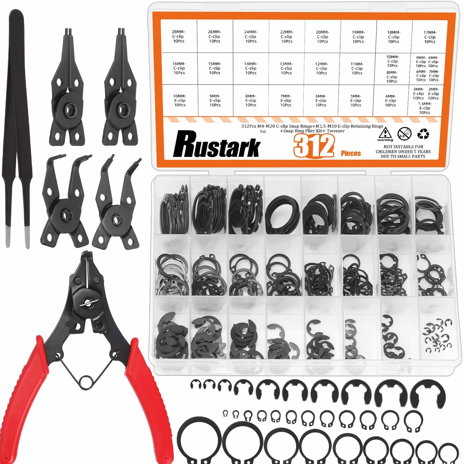 312Pcs 4 w 1 Szczypce do pierścieni osadczych M1.5-M10 E-Clip M4-M28 C-Clip z pęsetą