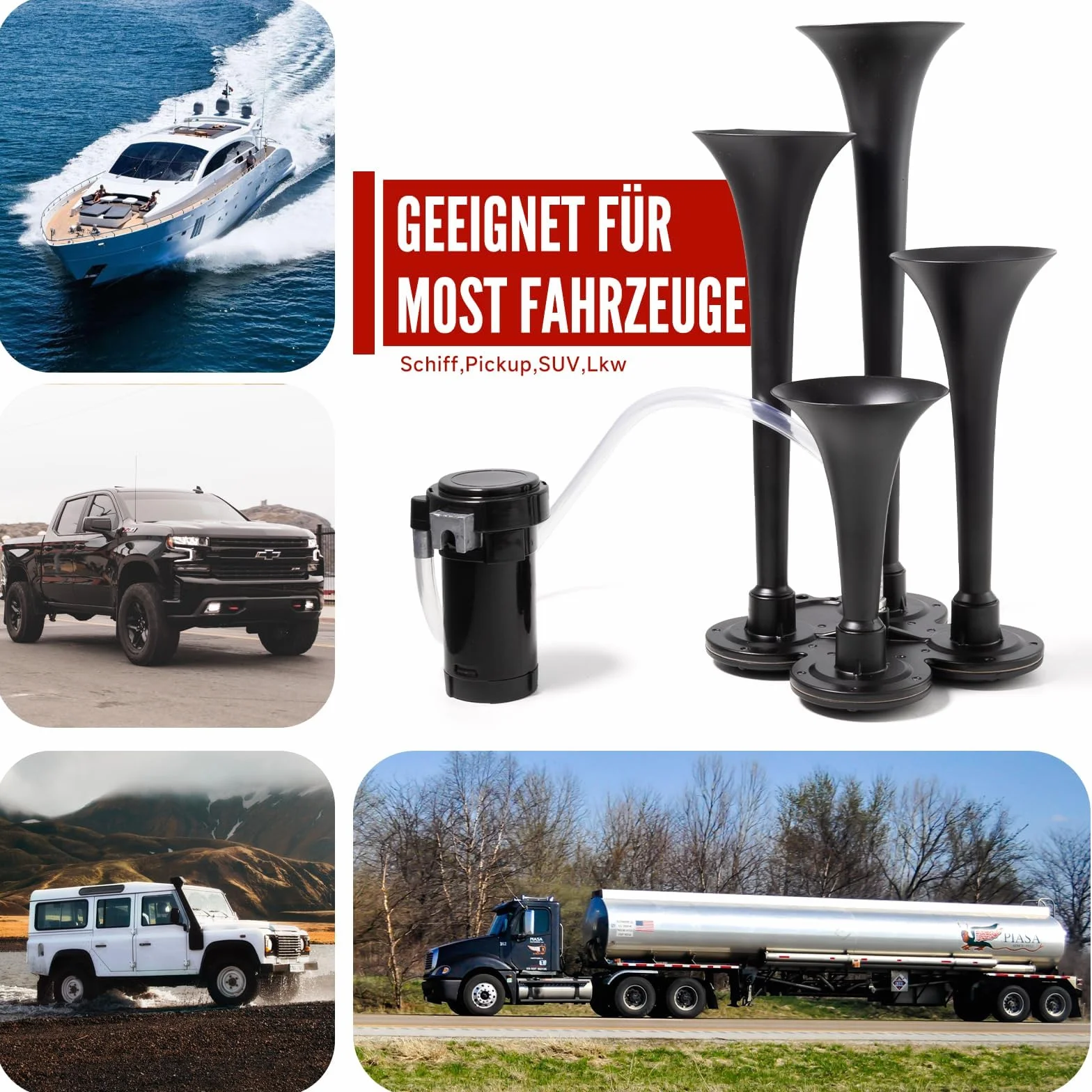 FARBIN Klakson pneumatyczny do ciężarówek, 150 dB, 12 V, 4 trąbki, klakson do ciężarówek, super mocny klakson pneumatyczny, z kompresorem do pojazdów, ciężarówek, jeepów, SUV-ów, łodzi