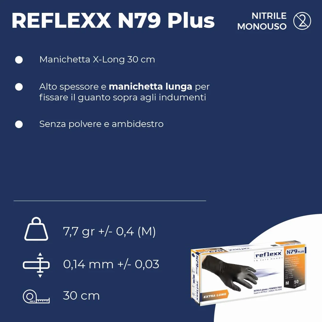 Reflexx N79P/L Ekstra długie, 30 cm, bezpudrowe rękawiczki nitrylowe gr7.7, rozmiar duży, czarny (50 szt.)