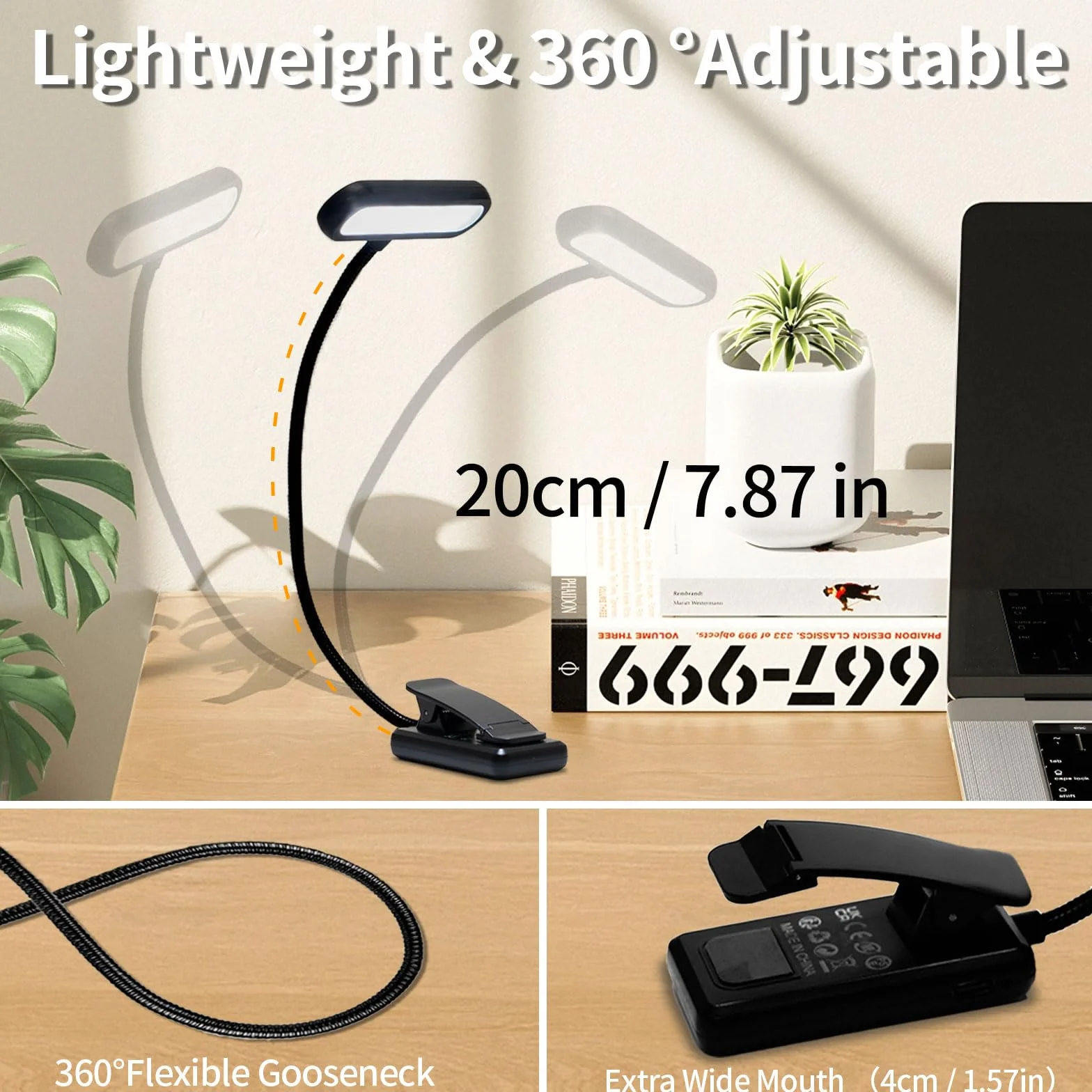 LQWELL Lampa do czytania LED z klipsem, 3 temperatury barwowe, 10 poziomów jasności, ochrona wzroku