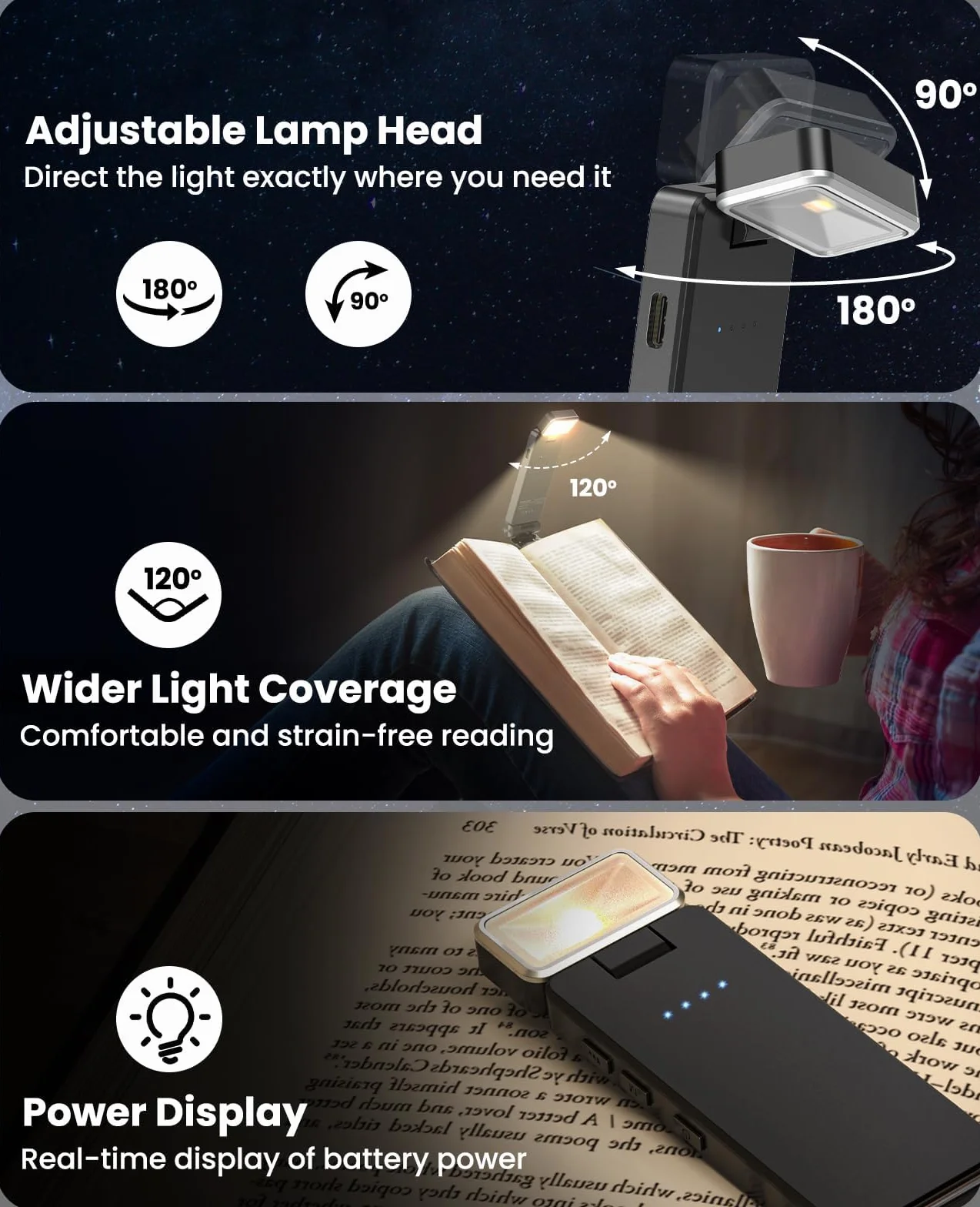 Lampka do czytania książek w łóżku, przenośna lampa do czytania LED z klipsem, ładowana przez USB, 3 kolory i 3 bezstopniowa regulacja jasności, prezent dla dzieci i miłośników czytania