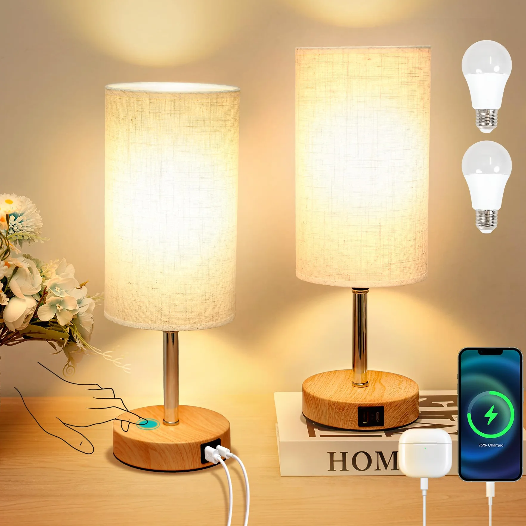 Görvitor Lampka nocna dotykowa ściemniana zestaw 2 sztuk lampa stołowa z portami USB A/C abażur lniany 3 poziomy jasności