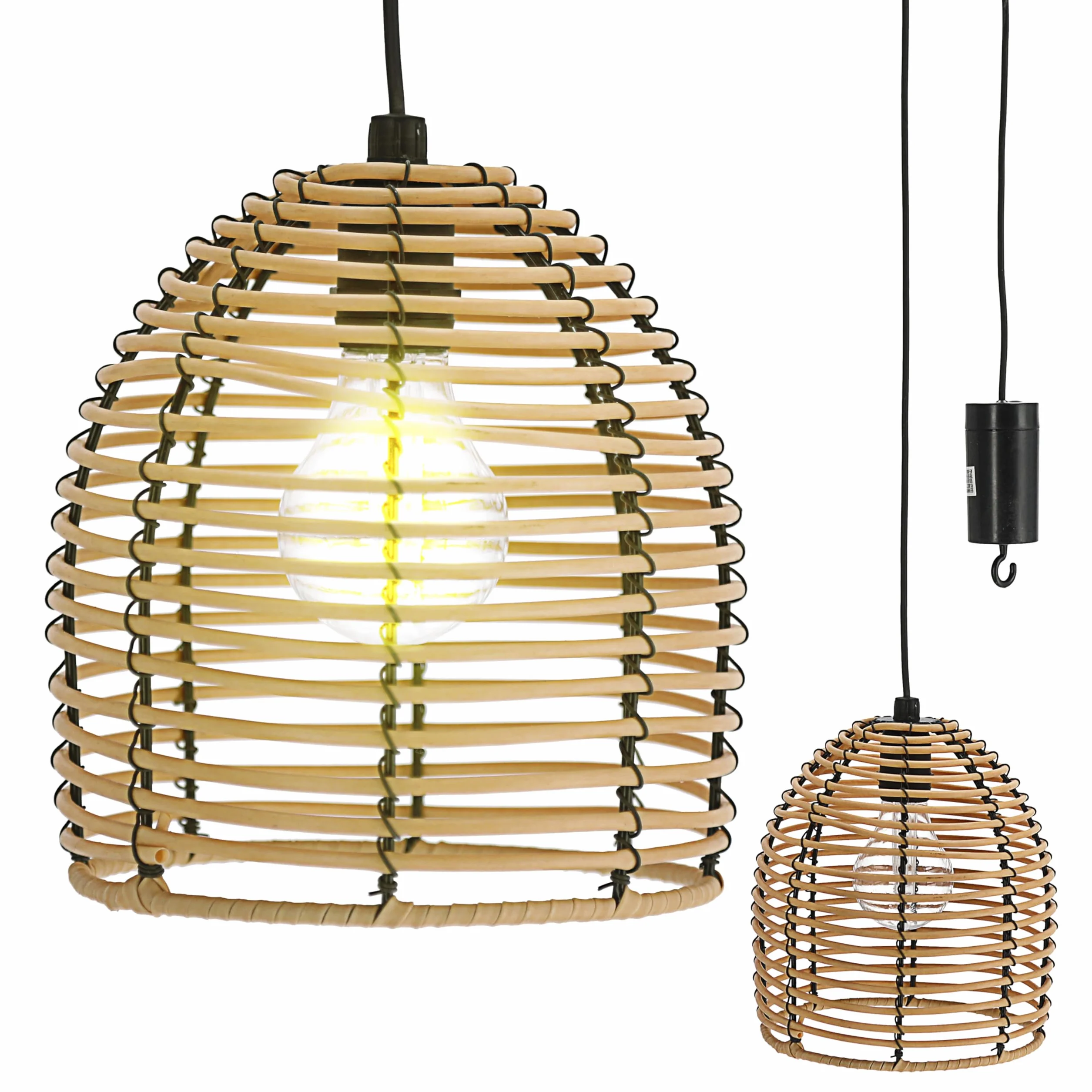 Lampa rattanowa LED, zasilana bateriami, 16 x 18 x 16 cm, ciepła biel, przewód zasilający 80 cm, lampa wisząca z funkcją timera, nadaje się do użytku na zewnątrz