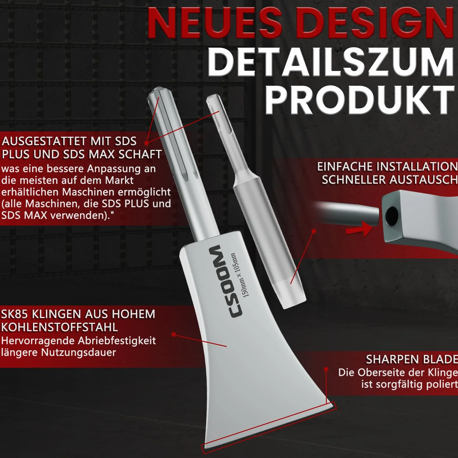 CSOOM Dłuto szpachlowe SDS-Plus 270 x 110 mm z trzonkiem wymiennym SDS-MAX