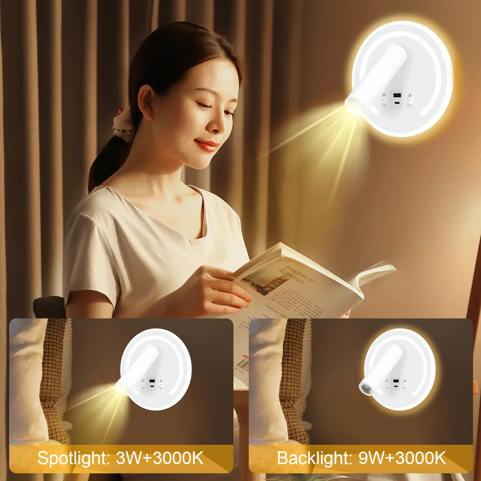 Lampa do czytania ścienna LED 3W+9W USB obrotowa 3000K biała okrągła