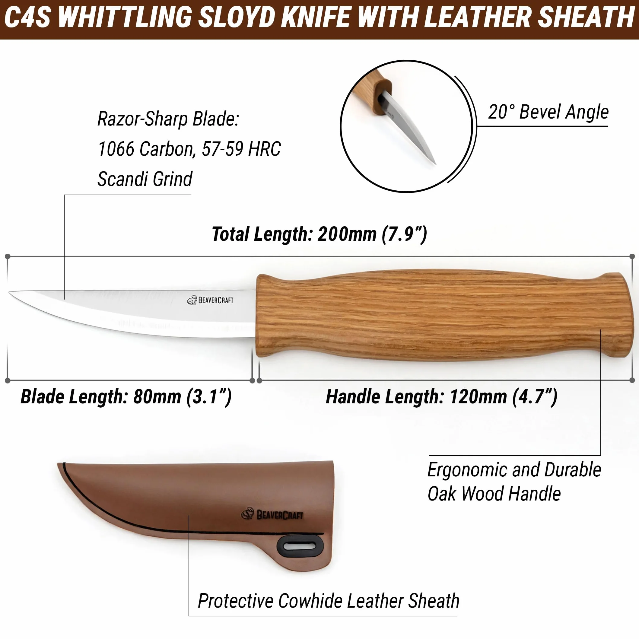 BeaverCraft Nóż Sloyd C4s do rzeźbienia w drewnie 7,6 cm ze skórzaną pochwą
